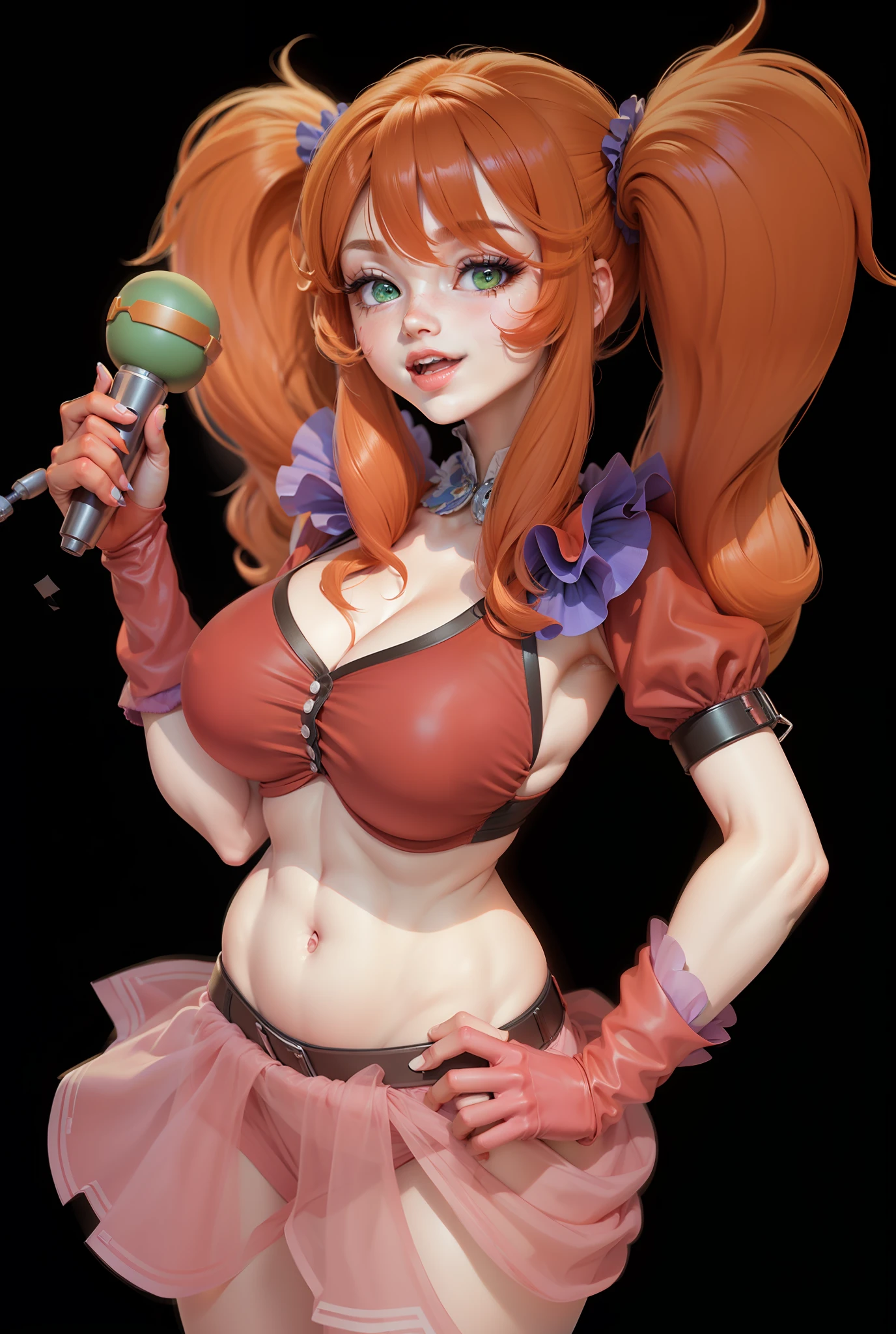 Beautiful clownness, red hair, hairstyle ponytails, sexy lush breasts, beautiful sweet tummy, detailed chest lines, cute face, green eyes, correct facial features, holding a microphone in her hand, 3D rendering, hyper-detailing, hyperrealism