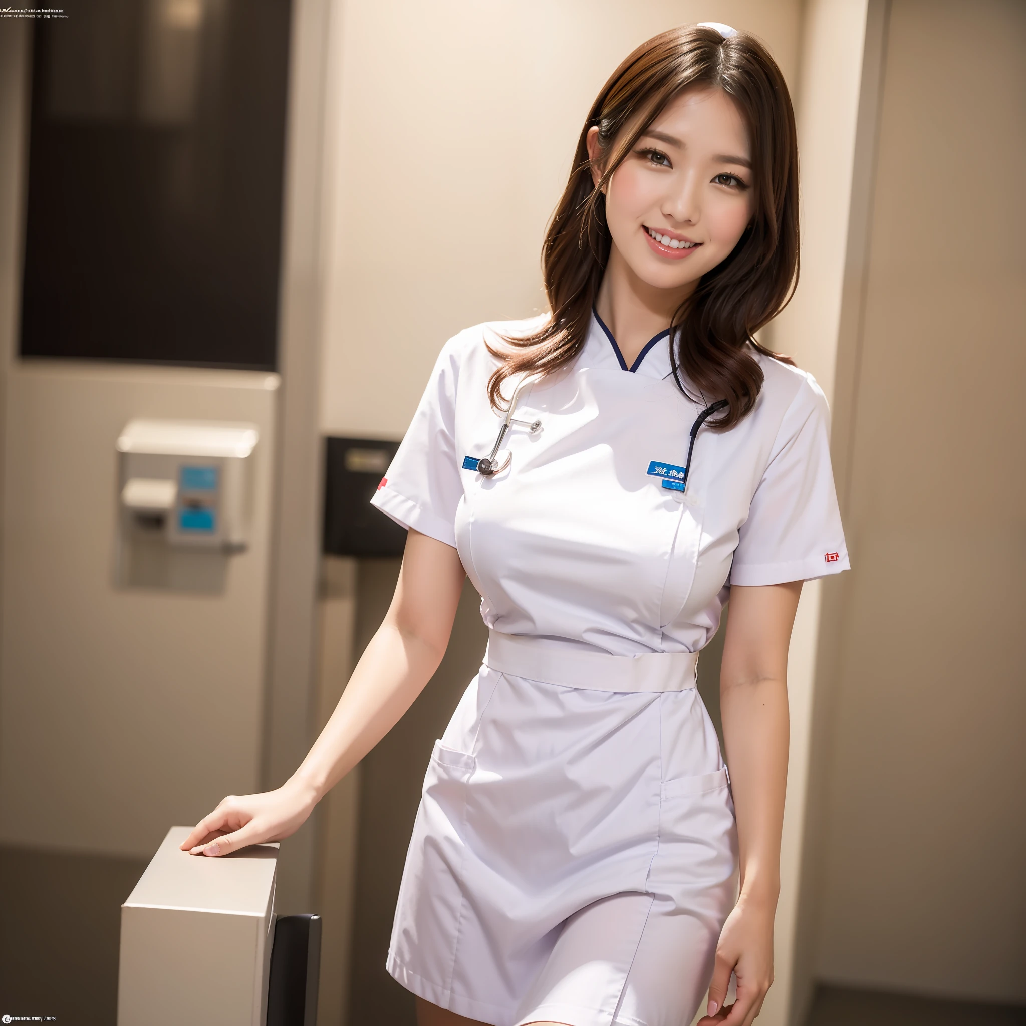 Large breasts poking through nurse uniform