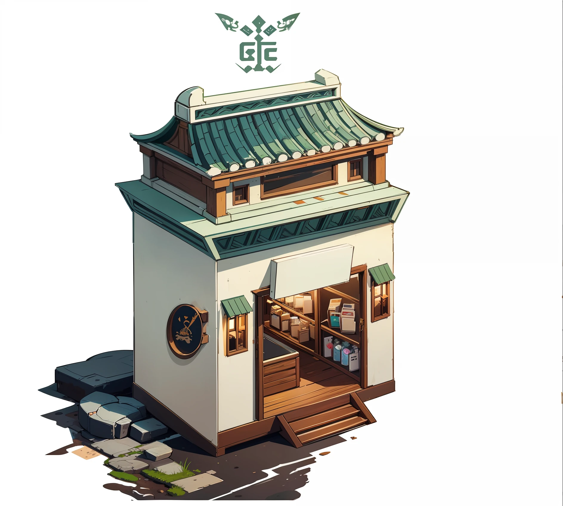 Illustration of a small building with doors and windows, concept art of Li Jae, pixiv, Minyi, Chinese architecture, Ruina library concept art, small building, high detail store, extremely detailed architecture, convenience store, store, white background