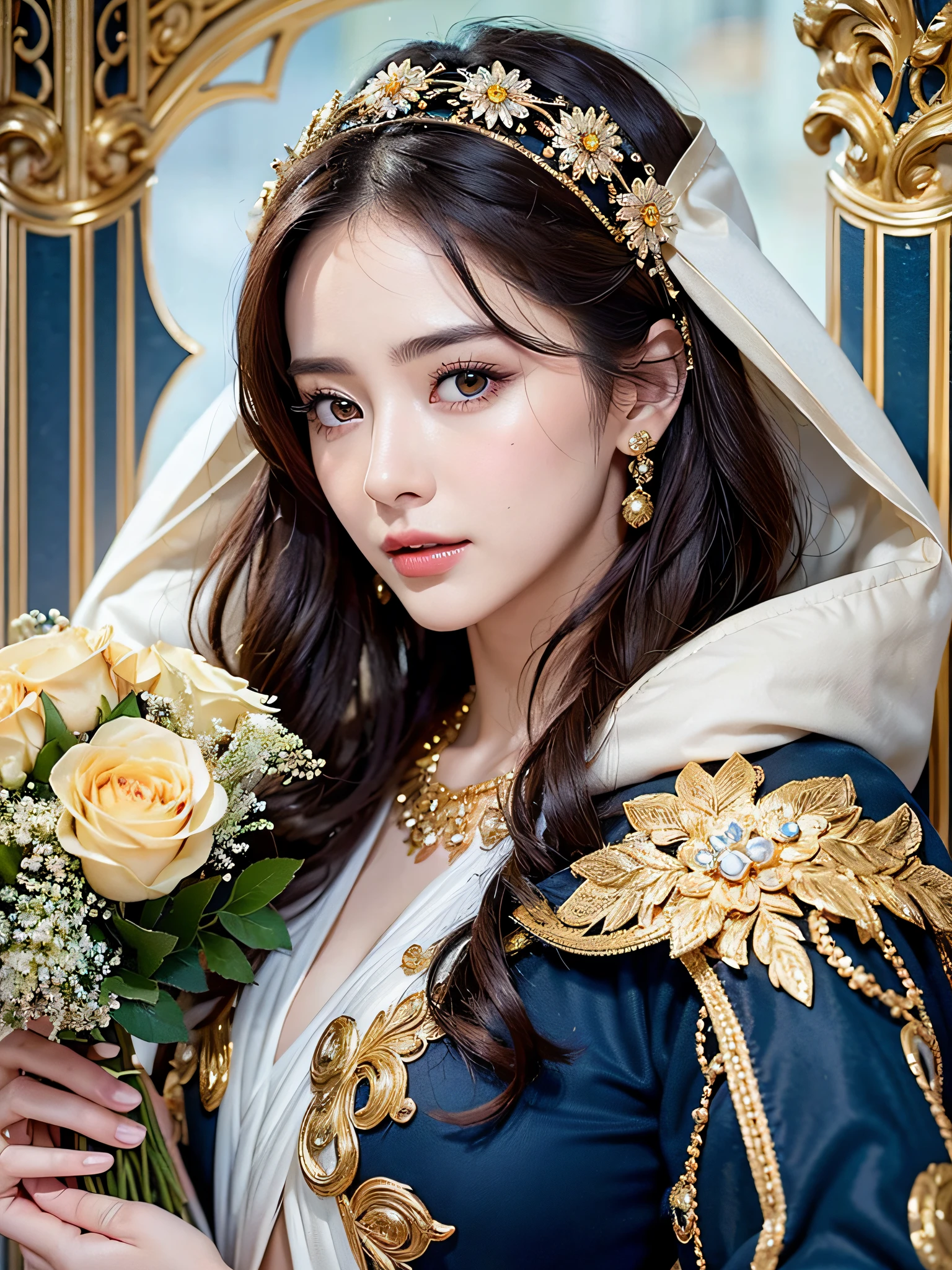 Top Quality, Ultra High Resolution, (Photorealistic: 1.4), Cinema Light, Depth of Field, Beautiful Face, (PureErosFace_V1: 0.8), |1 Girl, Fan Bing, Woman in Dark Blue Dress and Gold Jewelry, Fan Bing Fashion, Colossal, White Cloak, Intricate Design, Cathedral Background, Extra Long Wavy Brown Hair, RAW, beautiful woman, (detailed face), (detailed facial features), (fine detailed skin), pale skin, (masterpiece), perfect proportions, realistic photo, full shot, full body, (body portrait), ((with bouquet)),