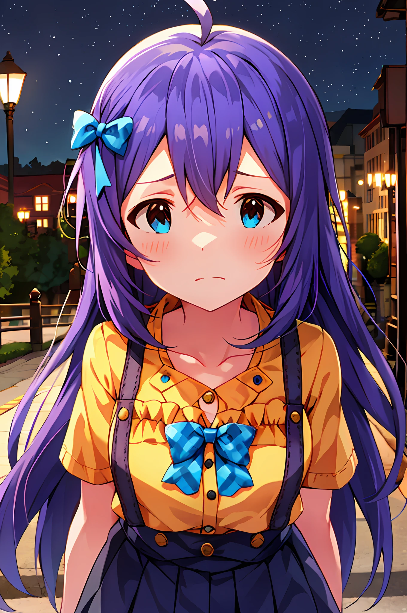 Anna Mochizuki (Million Live), (Top Quality, 8K, Masterpiece, Super Detail: 1.2), 1 Girl, Suspender Clothes.Skirt.Blushing, Clavicle, Bow, Ribbon, Blue Bow.Night.Night View.Outdoors.Chesty.Despair Face.