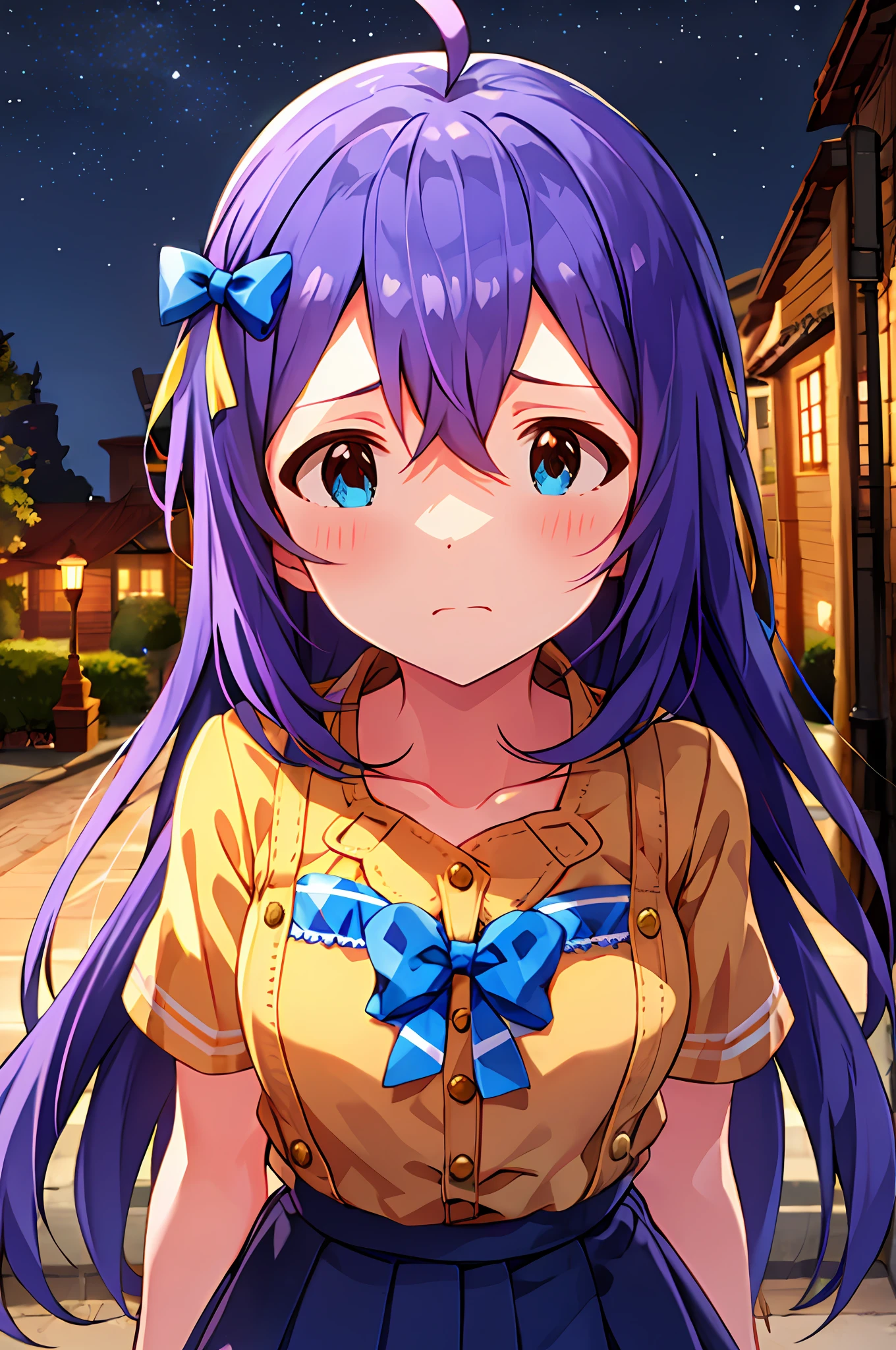 Anna Mochizuki (Million Live), (Top Quality, 8K, Masterpiece, Super Detail: 1.2), 1 Girl, Suspender Clothes.Skirt.Blushing, Clavicle, Bow, Ribbon, Blue Bow.Night.Night View.Outdoors.Chesty.Despair Face.