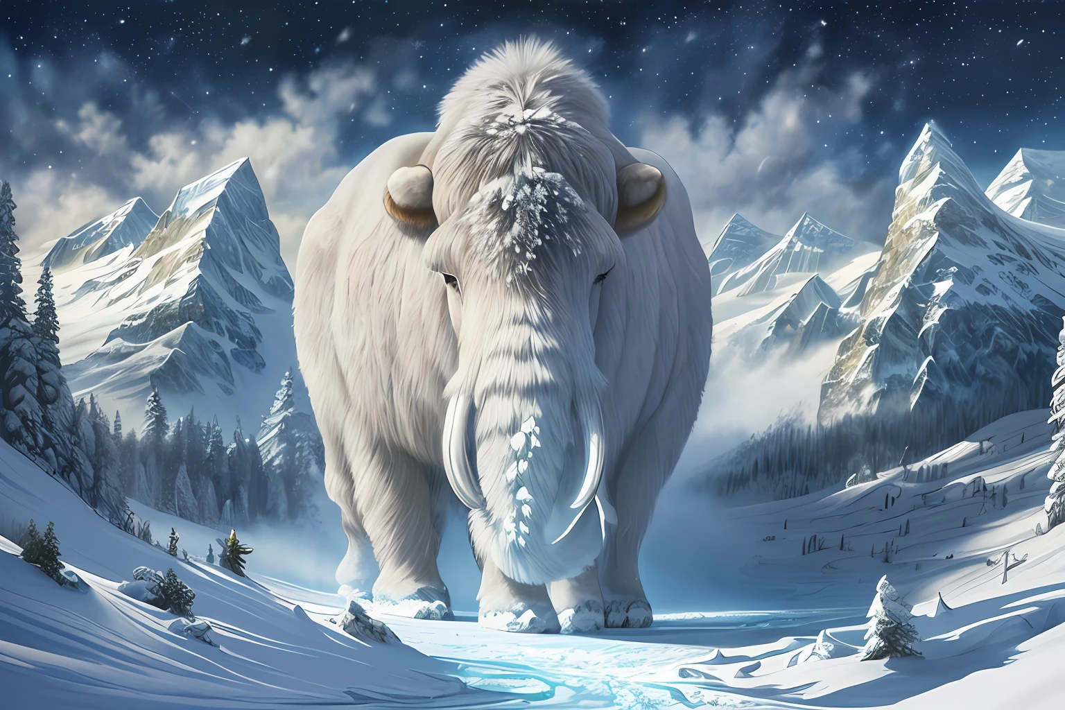 (((best quality))),(((ultra detailed))),(((masterpiece))),illustration, An incredibly detailed and realistic painting depicting the Ice Age, featuring a majestic woolly mammoth traversing the frozen landscape, surrounded by towering ice and snow-capped mountains. The artwork showcases the freezing atmosphere with snowflakes gently falling from the sky. This high definition masterpiece captures the beauty and grandeur of the Ice Age, reminiscent of the highest quality artwork by renowned artists such as Carl Rungius, Robert Bateman, and Ray Harris-Ching, in the Arctic glaciers,