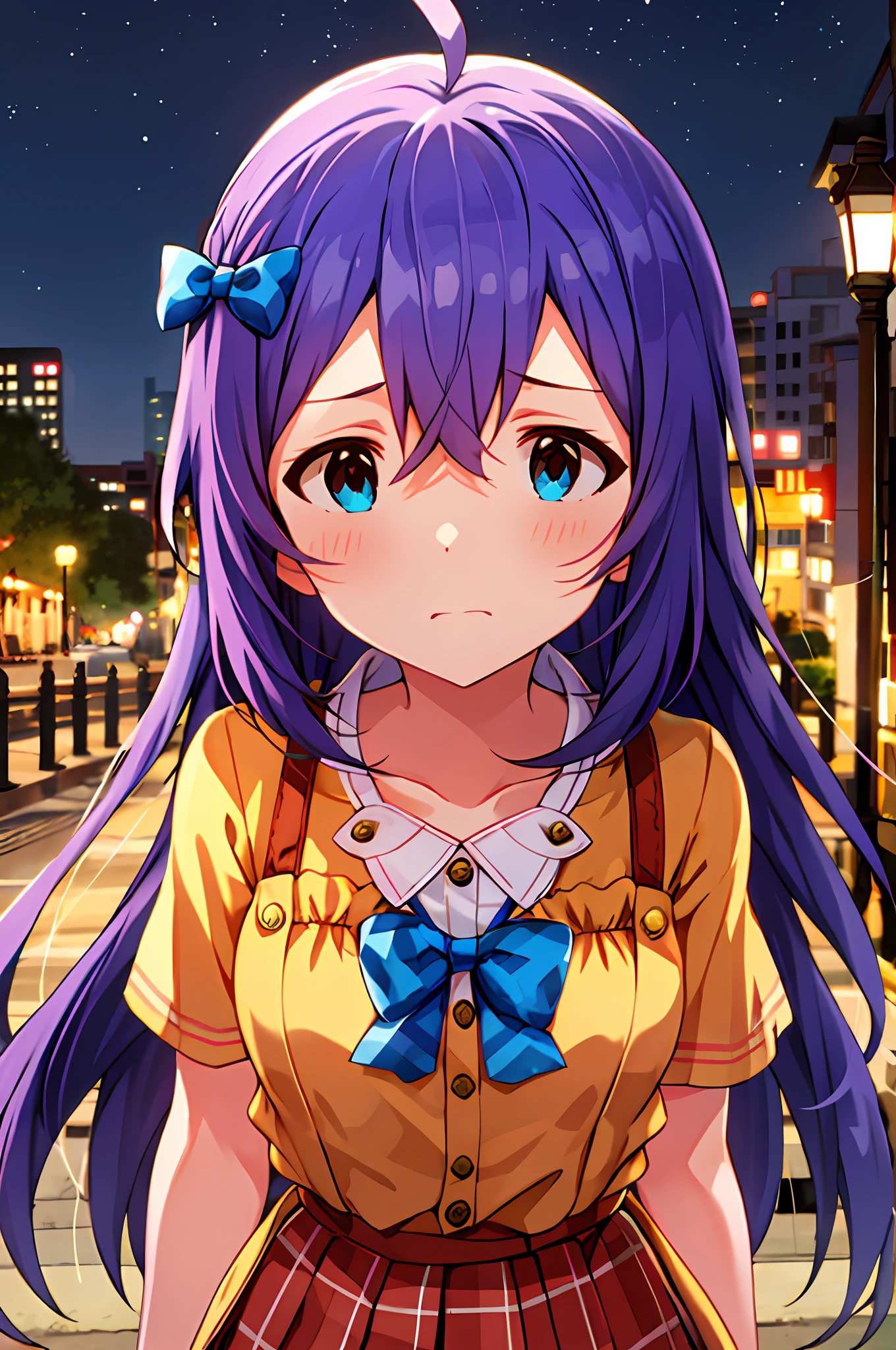 Anna Mochizuki (Million Live), (Top Quality, 8K, Masterpiece, Super Detail: 1.2), 1 Girl, Suspender Clothes.Skirt.Blushing, Clavicle, Bow, Ribbon, Blue Bow.Night.Night View.Outdoors.Chesty.Despair Face.