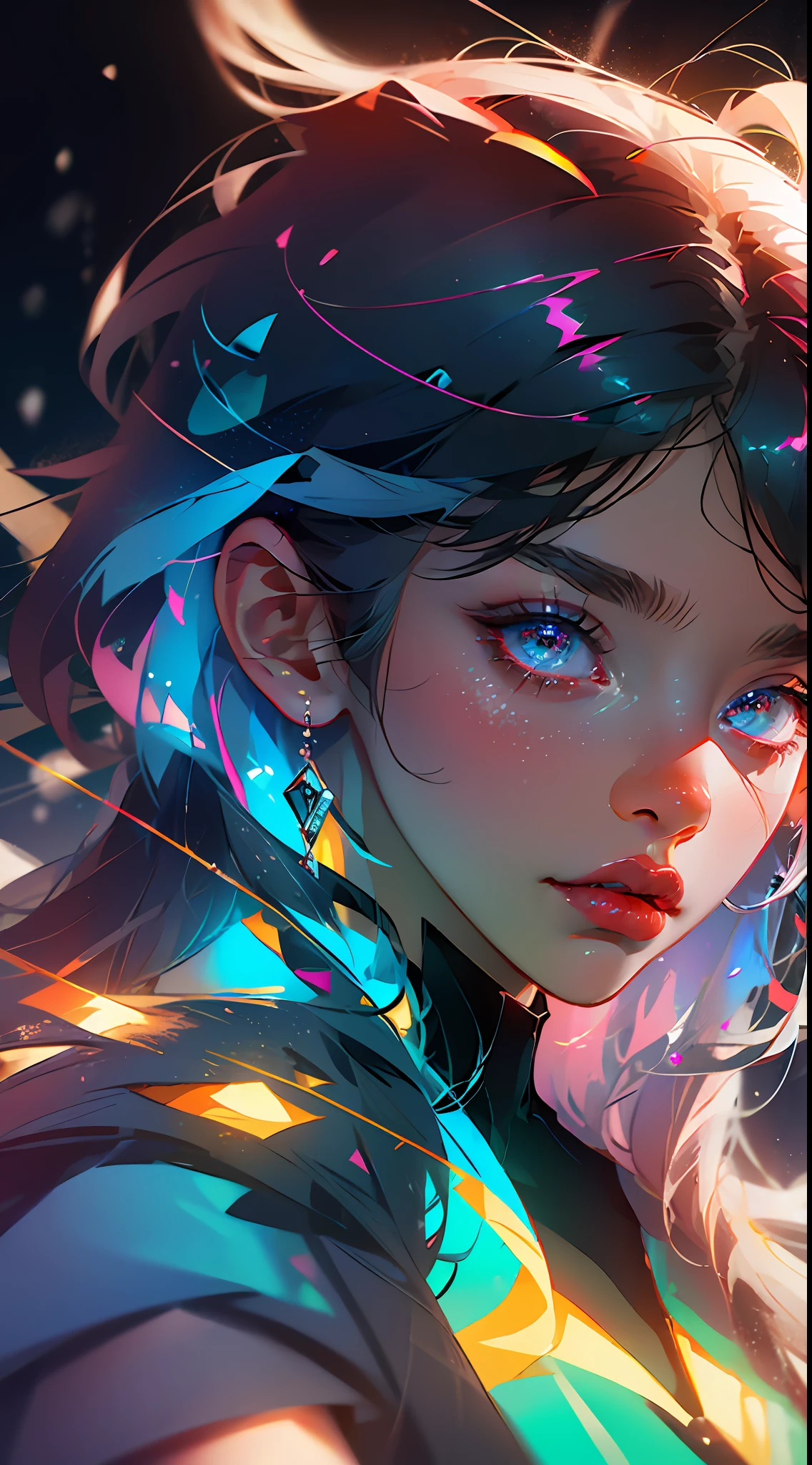 Heavy snow, girl in love, seven colors of aurora, aura, highlights, neon glow, neon in hair, neon wires, neon lips