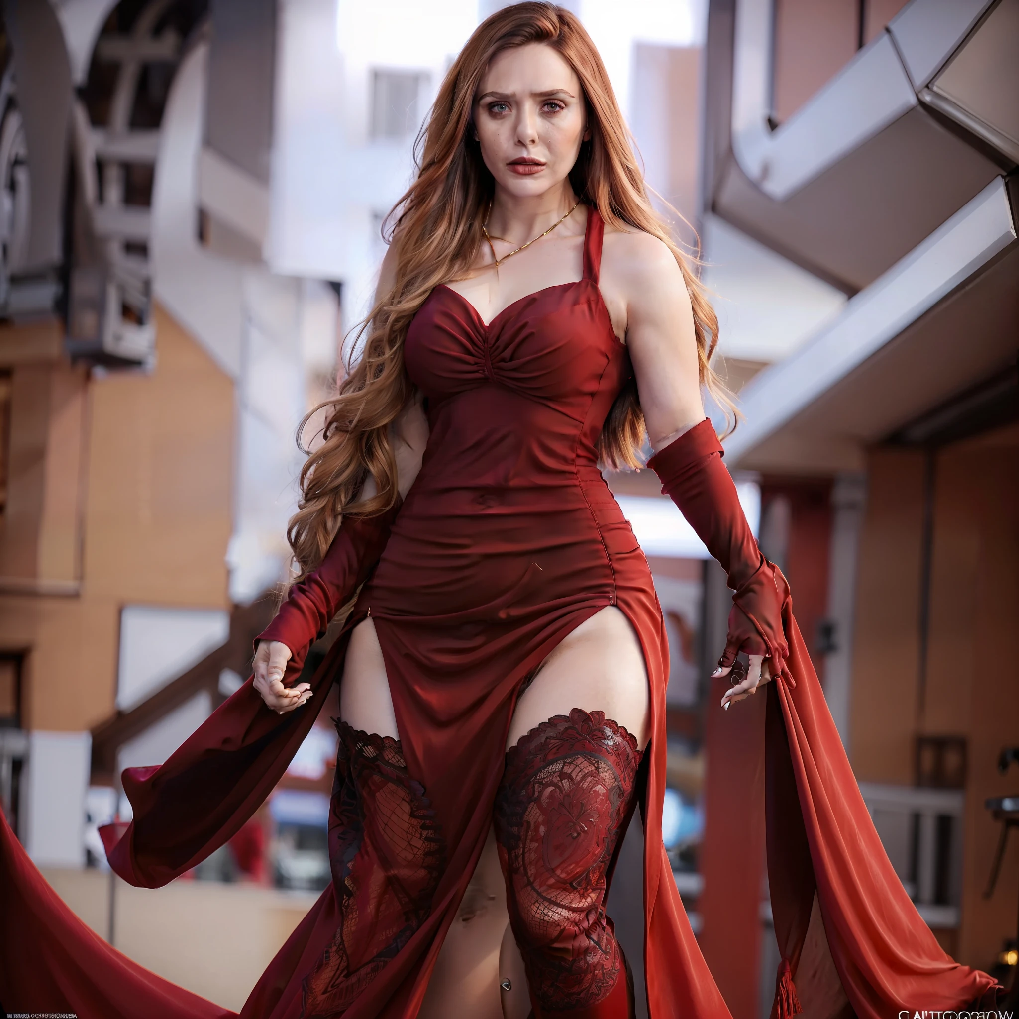 Elizabeth Olsen, ElizabethOlsen, 1girl, solo, angry face, full body, long hair, breasts, busty, looking at viewer, brown hair, black hair, cleavage,  red color dress, red dress, thin dress, light dress, translucent, translucent dress, high side slit, show thigh, long boots, floating, flying, legs straight down, multicolored hair, lips, realistic, red glowing eyes, glowing hand red, red glowing hand, Hyperrealism, perfect proportion body, good proportion body, glowing light, ray tracing, backlighting, rim light, lughbathing, bokeh, f/1.2, Canon, best quality, anatomically correct, high details, super detail, high quality, best quality, 16k