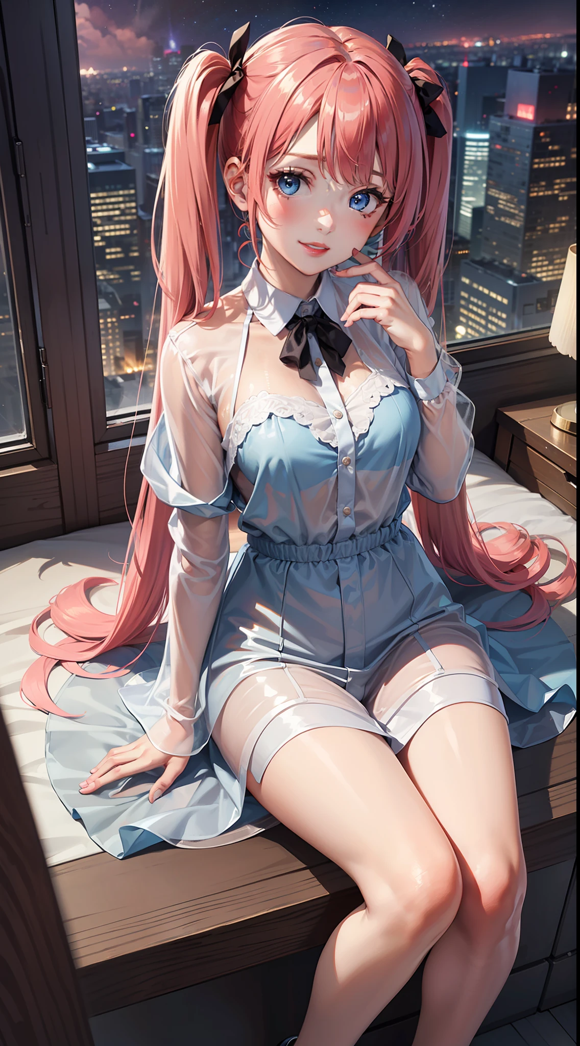 (original),(very detailed wallpaper),very detailed illustrations,(1 Girl),beautiful eyes,(delicate face),perfect detail,(long hair:1.3),(sitting:1.4),(twintails:1.2),red eyes,pink hair,smile,pink lips,bright blue eyes,stylish energy \(module\),city lights,night sky,Light Enhancement,orange theme,(best lighting),(super complex detail),4K Unity,(super detailed CG:1.2),(8K:1.2),Focus on people,From above,(Embarrassing:1.3),,full Transparent raincoat,Lolindoor,bed,tentacle,placard,