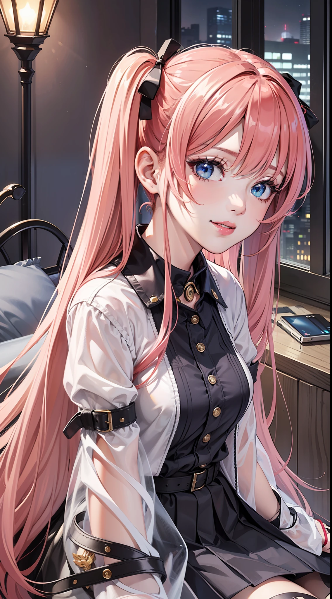 (original),(very detailed wallpaper),very detailed illustrations,(1 Girl),beautiful eyes,(delicate face),perfect detail,(long hair:1.3),(sitting:1.4),(twintails:1.2),red eyes,pink hair,smile,pink lips,bright blue eyes,stylish energy \(module\),city lights,night sky,Light Enhancement,orange theme,(best lighting),(super complex detail),4K Unity,(super detailed CG:1.2),(8K:1.2),Focus on people,From above,(Embarrassing:1.3),loli,full Transparent raincoat,Lolita,indoor,bed,tentacle,placard,
