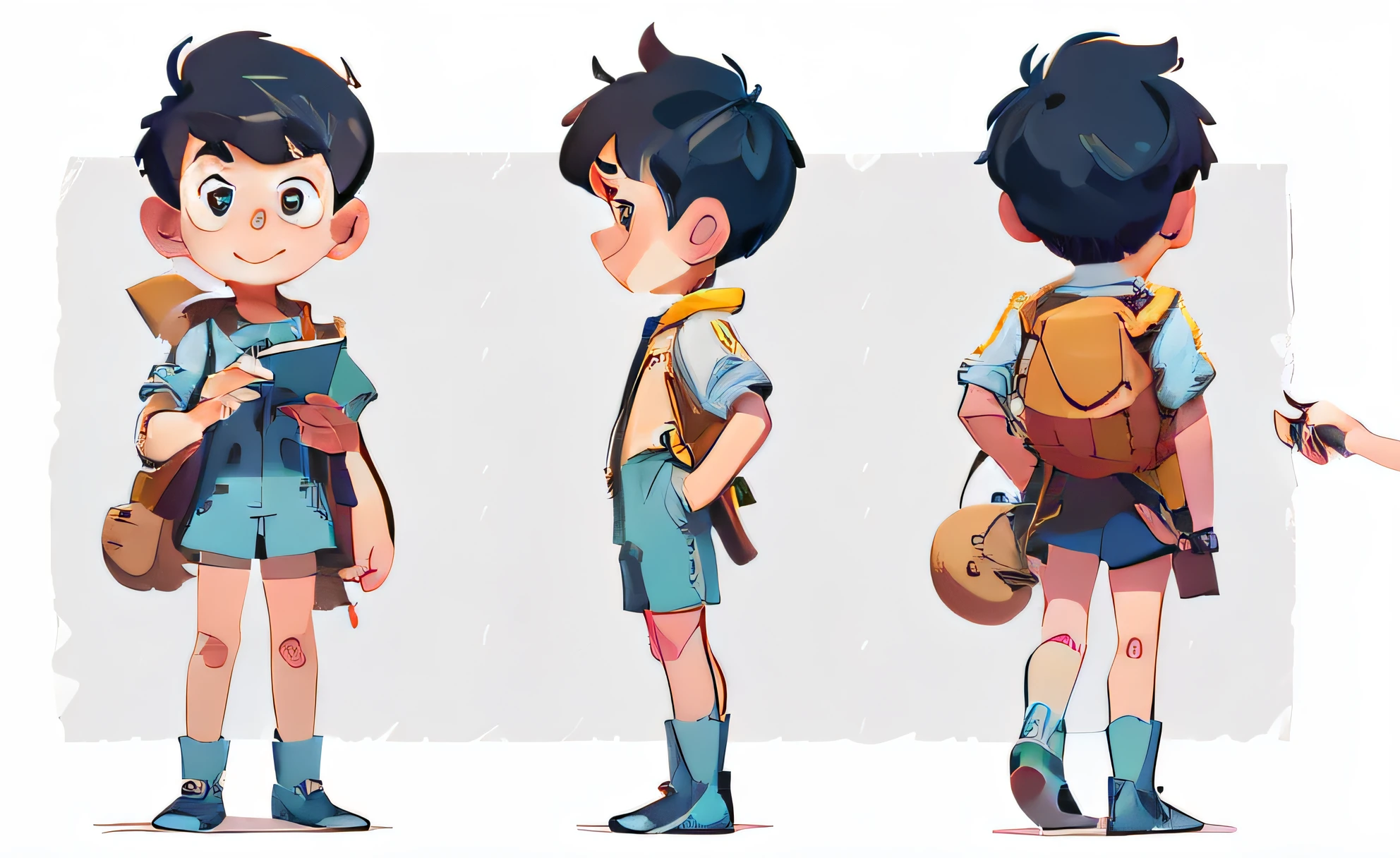 Close-up of cartoon characters in uniform, no hat, book in hand, male scientist boy with short hair, three views, front view, side view, back view, high quality character design, animated characters, full body characters, full body character design, character standing walking, professional character design, game character design, full body single character, 2D illustration, 2D illustration, cute character, male protagonist 👀: 8, blue uniform