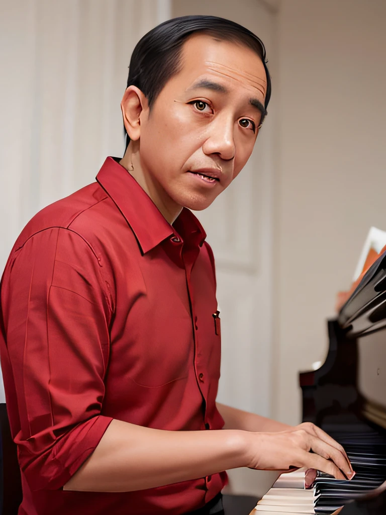4k, Best quality, masterpiece, ultra high res, beautiful lighting, (realistic, photo-realistic:1.4), realistic background,  jokowi, 1man, 50 years old, playing piano