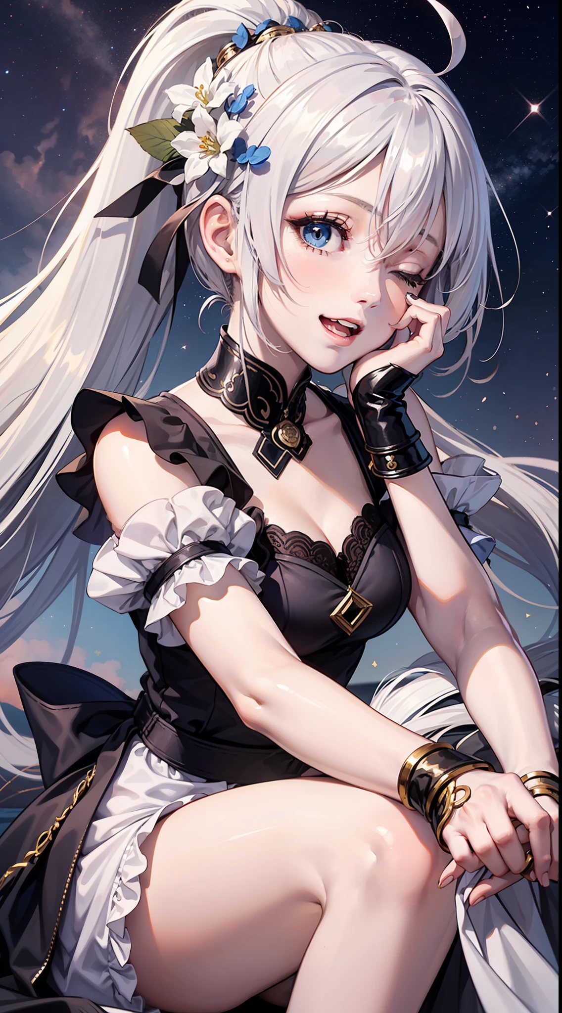 figure four sitting,(figure four sitting),(pov),(gradient background),(gohei),(anime screencap),(angel),(ahoge),(high ponytail),(Silver hair),(grin),(on side),(outstretched arm),(knees together),(light smile),(one eye closed),(chiffon dress),(hair flower),(flat_chest),,profile,full body,overall view,,starry sky,clusters of stars,photo (medium) ,white_hair/blonde_eyes,open mouth,looking at another,gill support,hand on own face,shushing,slim legs,expressionless,pettiskirt,{{{masterpiece}}},{extremely detailed CG unity 8k wallpaper},best quality,Amazing,finely detail,solo,cinematic lighting,close-up,{{floating hair}},{{Sakura}},outdoors,sky,{{wind}},detailed background,beautiful detailed eyes,,bright pupils,{{full body}}, dynamic pose,dynamic angle,looking at viewer,detailed clothes,,apron,