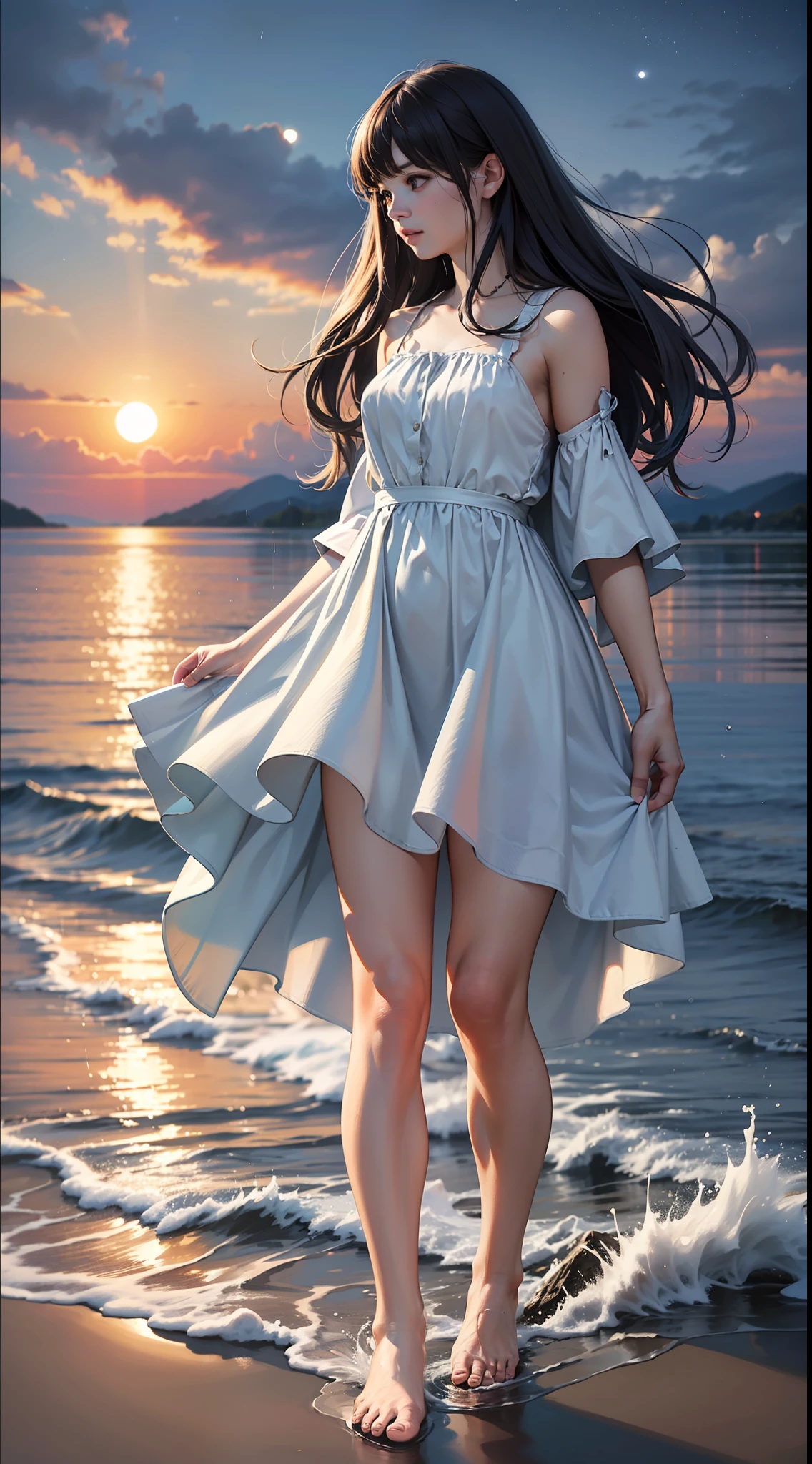 (8k, RAW photo, best quality, masterpiece:1.2), (realistic, photo-realistic:1.37), stars, moon, night, tree, lake,  mountain, sand, fish fly on the sky,  rain, 1girl,solo,light_blue_hair,liquid hair, long hair,floating hair, full body, standing,sundress, liquid clothes, water,waves, tsunami,tide,sea,water dress,
