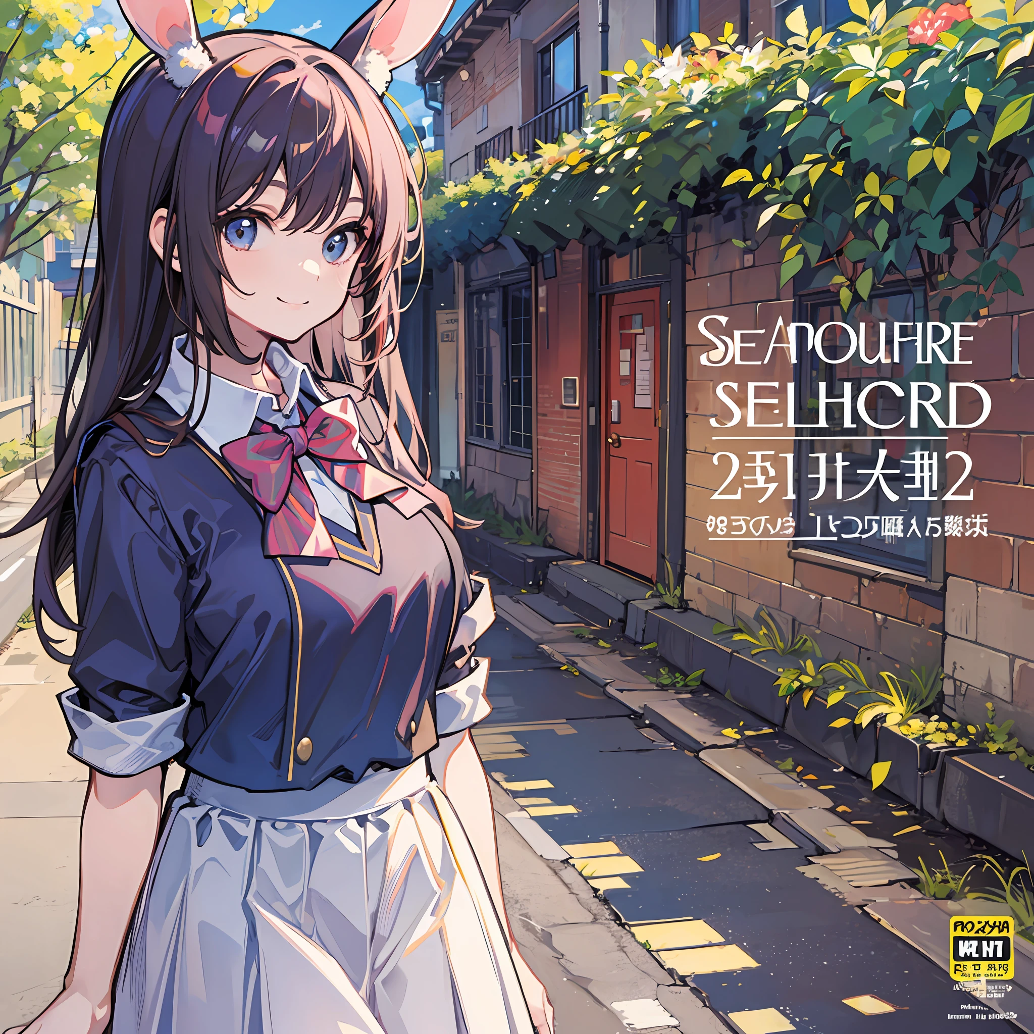 Rabbit-eared girl sunny day country road smiling walking magazine cover magazine cover school uniform