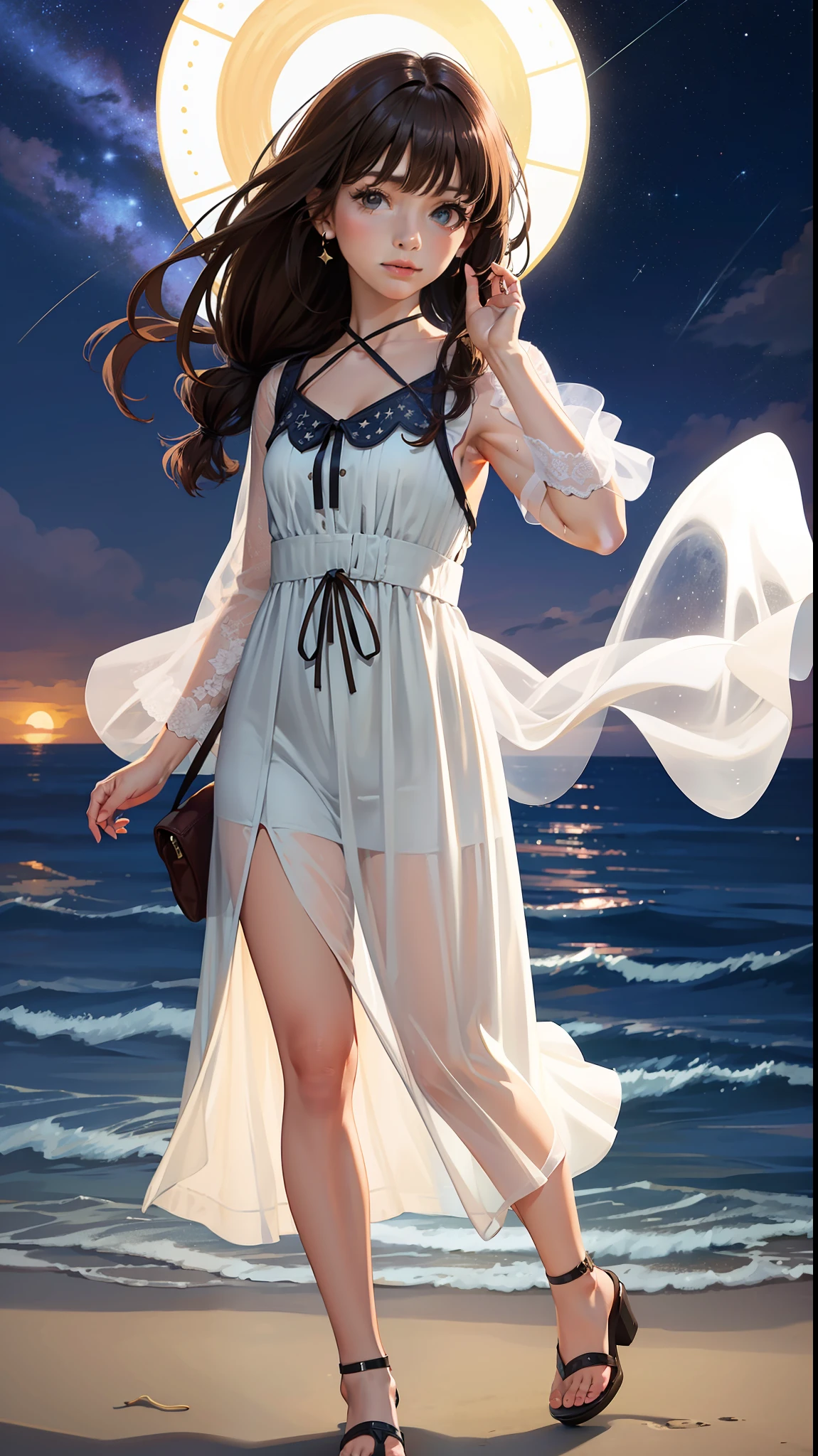 (8k, RAW photo, best quality, masterpiece:1.2), (realistic, photo-realistic:1.37), stars, moon, night, tree, lake,  mountain, sand, fish fly on the sky,  rain, 1girl,solo,light_blue_hair,liquid hair, long hair,floating hair, full body, standing,sundress, liquid clothes, water,waves, tsunami,tide,sea,water dress,