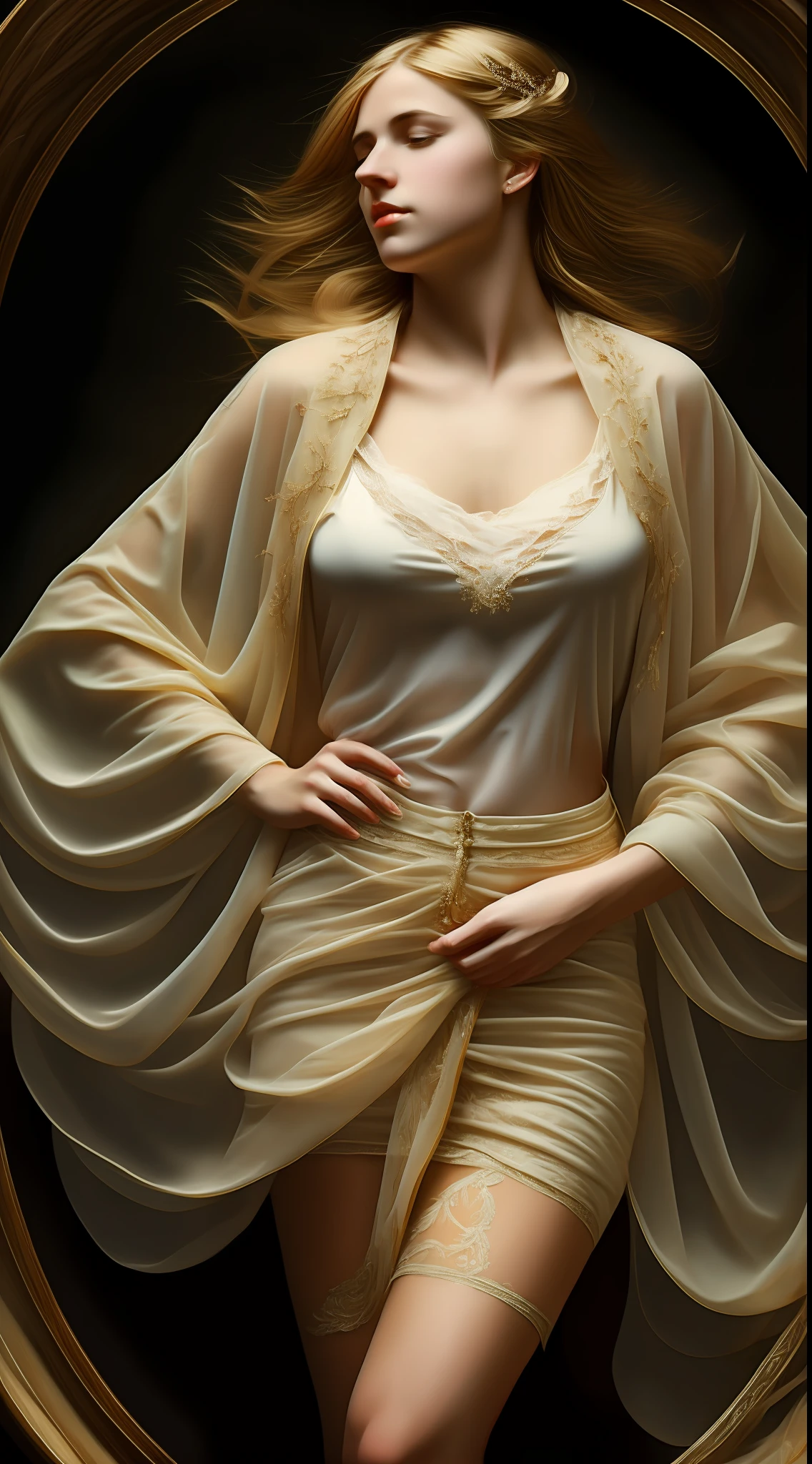 Long blonde hair, delicate and beautiful facial features, black stockings, big breasts, beautiful breasts half exposed, short skirt, half body, sleepy, social realism, neoclassicism, seen from below, 8k