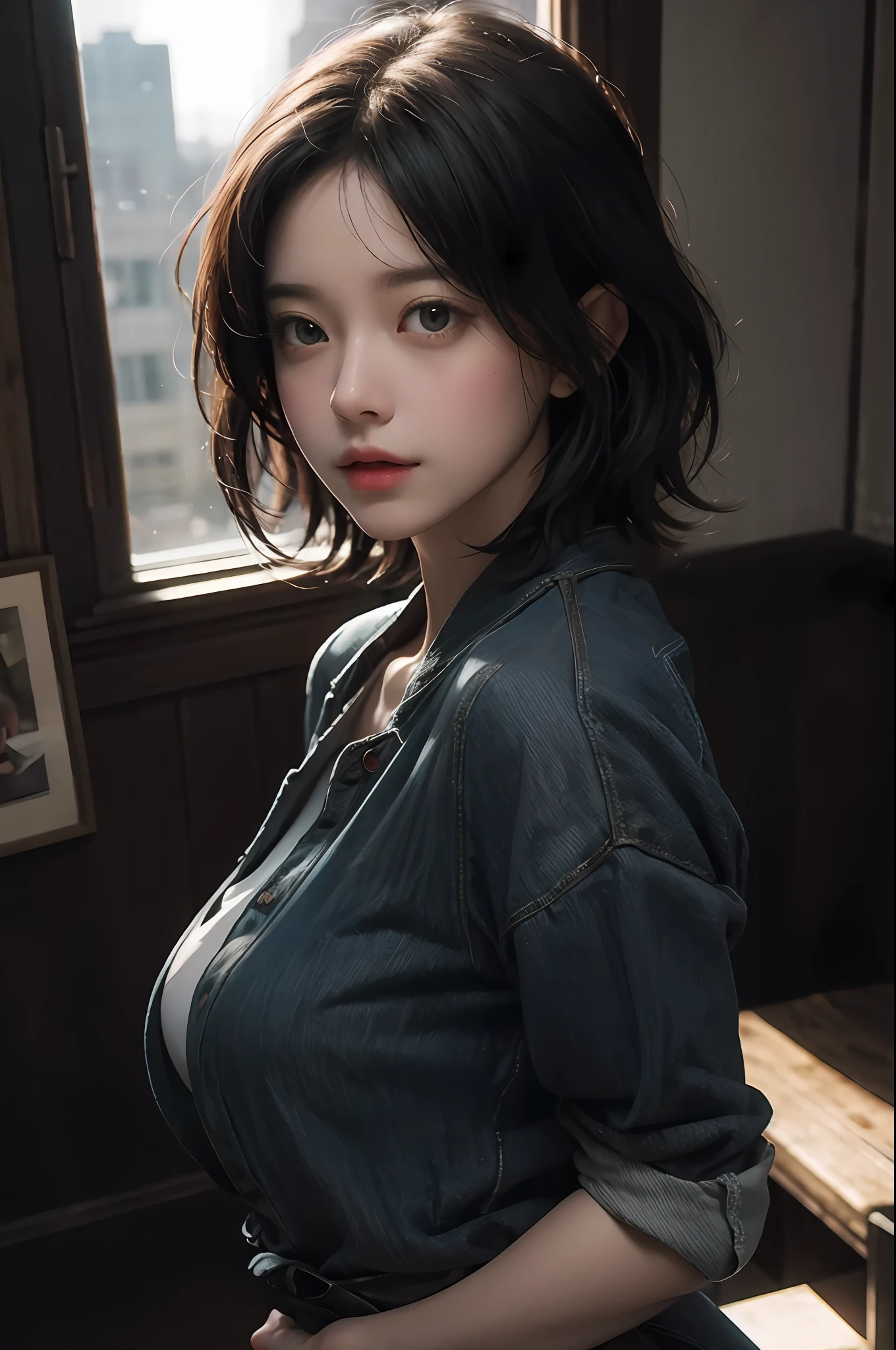 (RAW photo, best quality), (realistic, photorealistic: 1.3), highest quality, high definition, masterpiece, super detail, illustration, 1girl, whole body, dynamic angle, world masterpiece theater, messy_short_hair, best quality, highly detailed CG Unity 8k wallpaper, ink, amazing, cinematic lighting, lens_flare, dunhuang_ Style, nice breasts