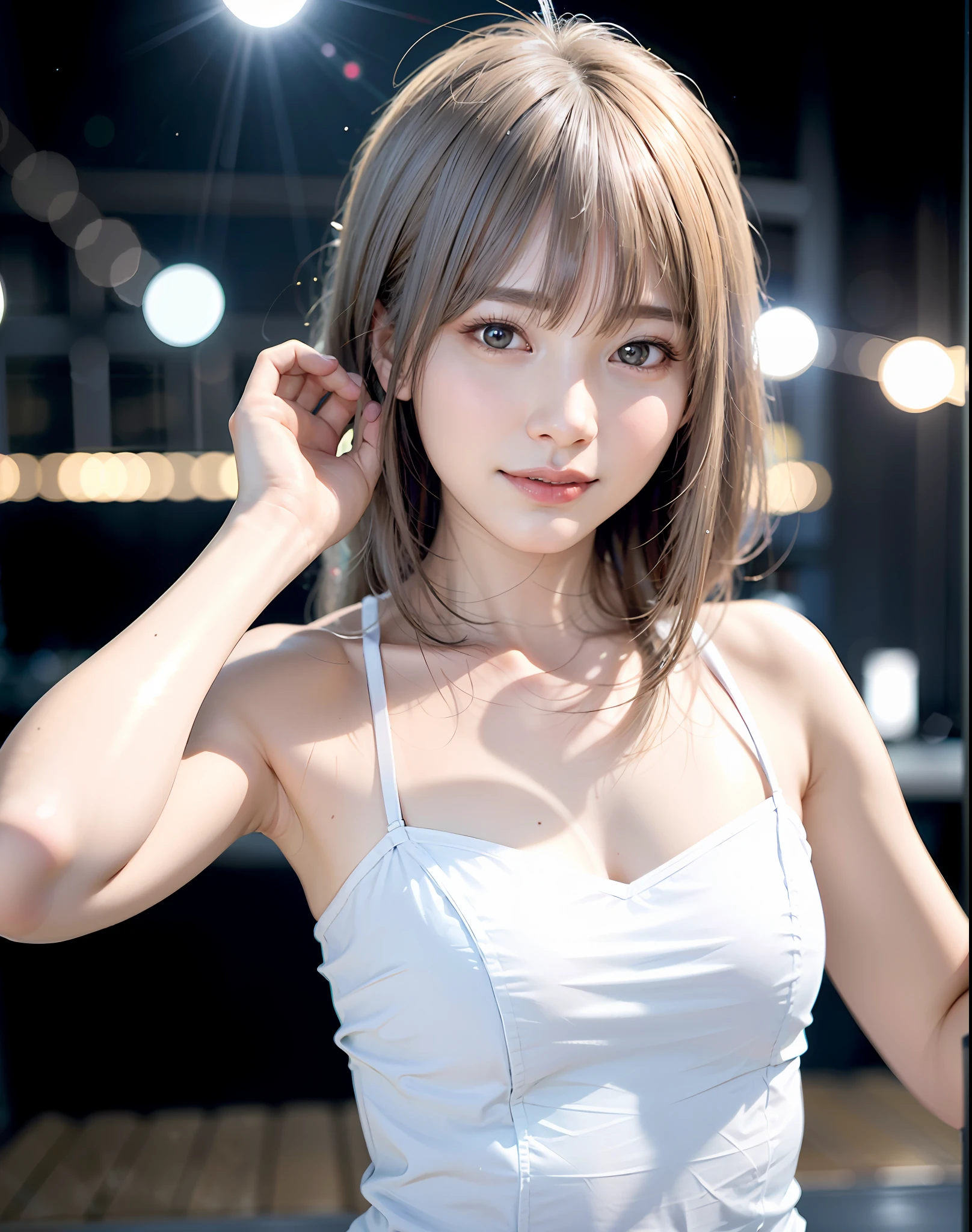 Top Quality, Photorealistic, 8K, High Resolution, Girl, 1 Girl, Women, (Skin Dent), (Big Breasts), (Professional Lighting, Bokeh), (Street), (People, Crowd: 0.6), Market, (Night: 1.2), (White Hair: 2.0), (Blouse: 1.5), (Portrait: 0.6), Gorgeous, Bloom, (Floating Hair), (Light particles, Lens flare, Luminous particles: 0.6), (Dynamic Pose: 1.2), soft lighting, singing on stage