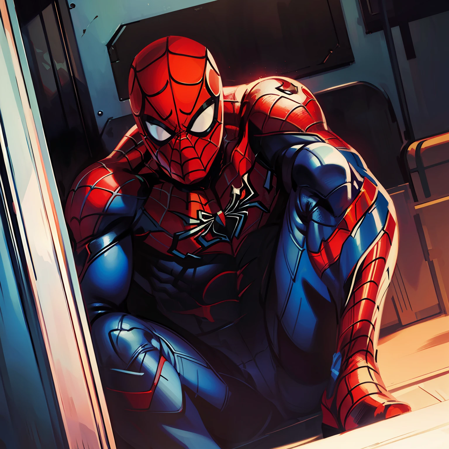 "((best quality)), ((masterpiece)), ((realistic)), Realistic, ultra-detailed portrait of Spider-Man sitting alone on a train during the night, in a cinematic environment, with atmospheric, low-key lighting, created in a high-definition, detailed digital painting on eye level, scenic, masterpiece