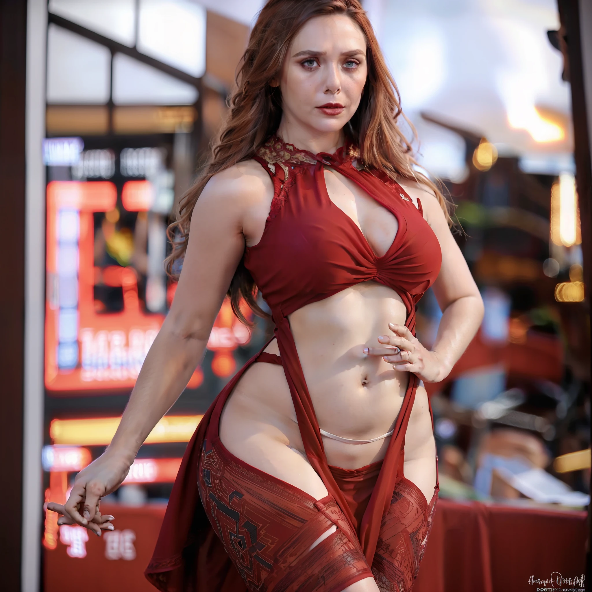 Elizabeth Olsen, ElizabethOlsen, 1girl, solo, angry face, full body, long hair, breasts, busty, big boobs, looking at viewer, brown hair, black hair, cleavage, majir cleavage, red color dress, red dress, skimpy dress, skimpy, show underwear, show undies, thin dress, light dress, translucent, translucent dress, high side slit, show thigh, long boots, floating, flying, legs straight down, multicolored hair, lips, realistic, red glowing eyes, glowing hand red, red glowing hand, Hyperrealism, perfect proportion body, good proportion body, glowing light, ray tracing, backlighting, rim light, lughbathing, bokeh, f/1.2, Canon, best quality, anatomically correct, high details, super detail, high quality, best quality, 16k