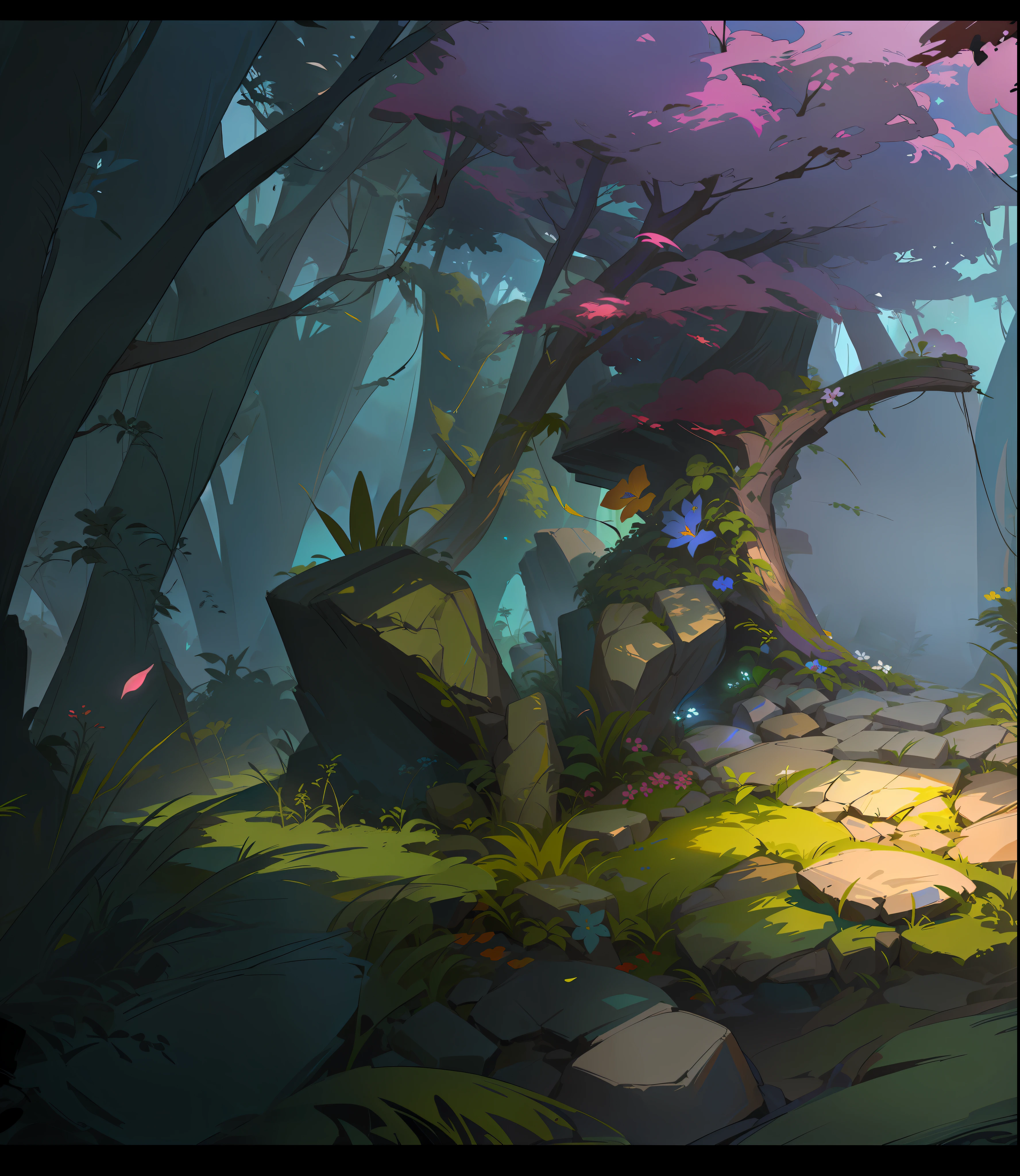 cartoon scene of a stone path in a forest with a stone bridge, environment art, painted as a game concept art, stylized concept art, background art, by Ryan Yee, digital painting concept art, colorful concept art, environment and concept art, environment concept art, dota 2 concept art, floral environment, by Jason Chan, magical fantasy 2 d concept art