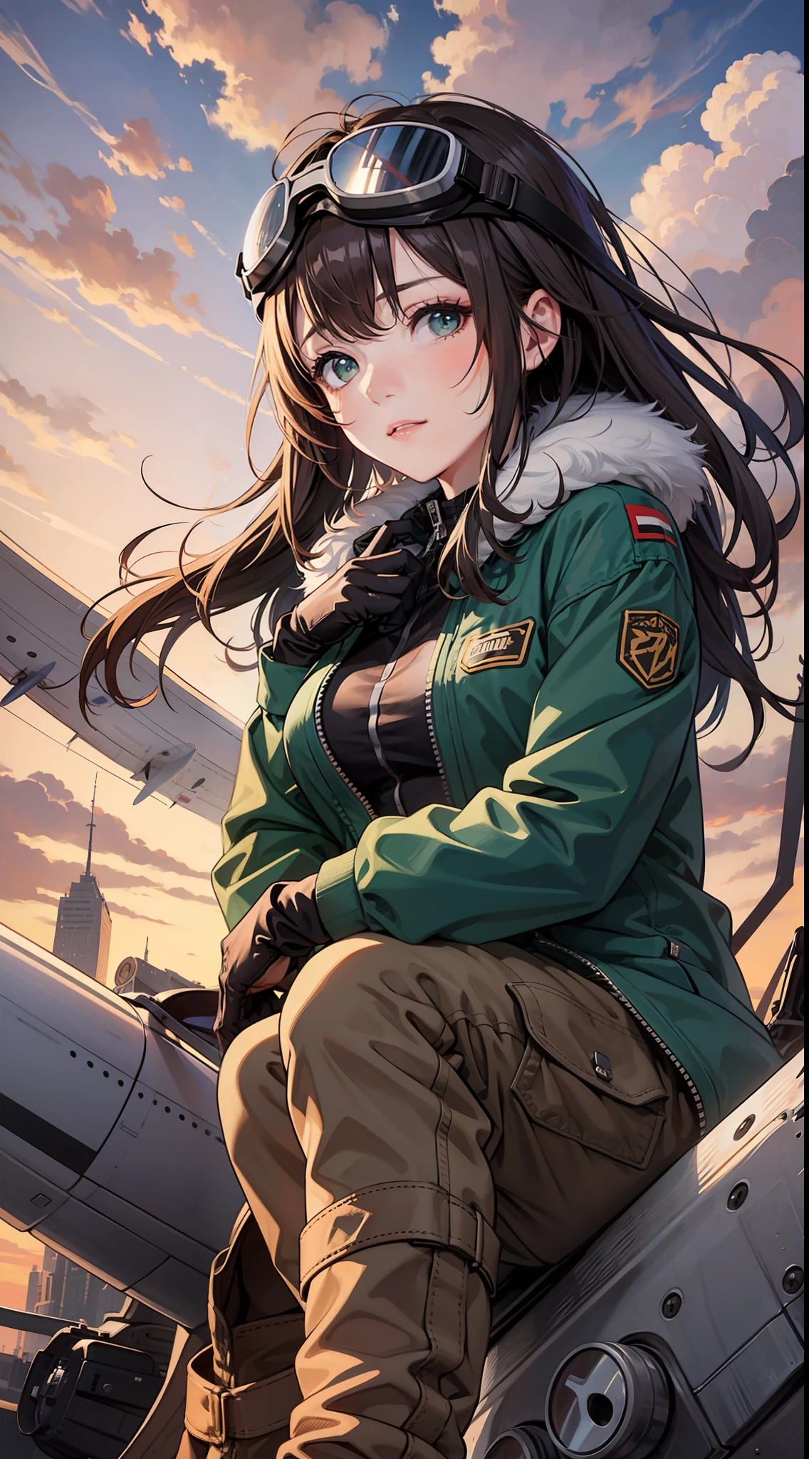 masterpiece, best quality,1girl, goggles, solo, long hair, goggles on head, gloves, sky, aircraft, boots, sitting, cloud, airplane, breasts, jacket, green eyes, pants, day, fur trim, outdoors, brown gloves, looking at viewer, medium breasts ,Hair blown by the wind,Pilot,dusk, sunset, from below,silly,