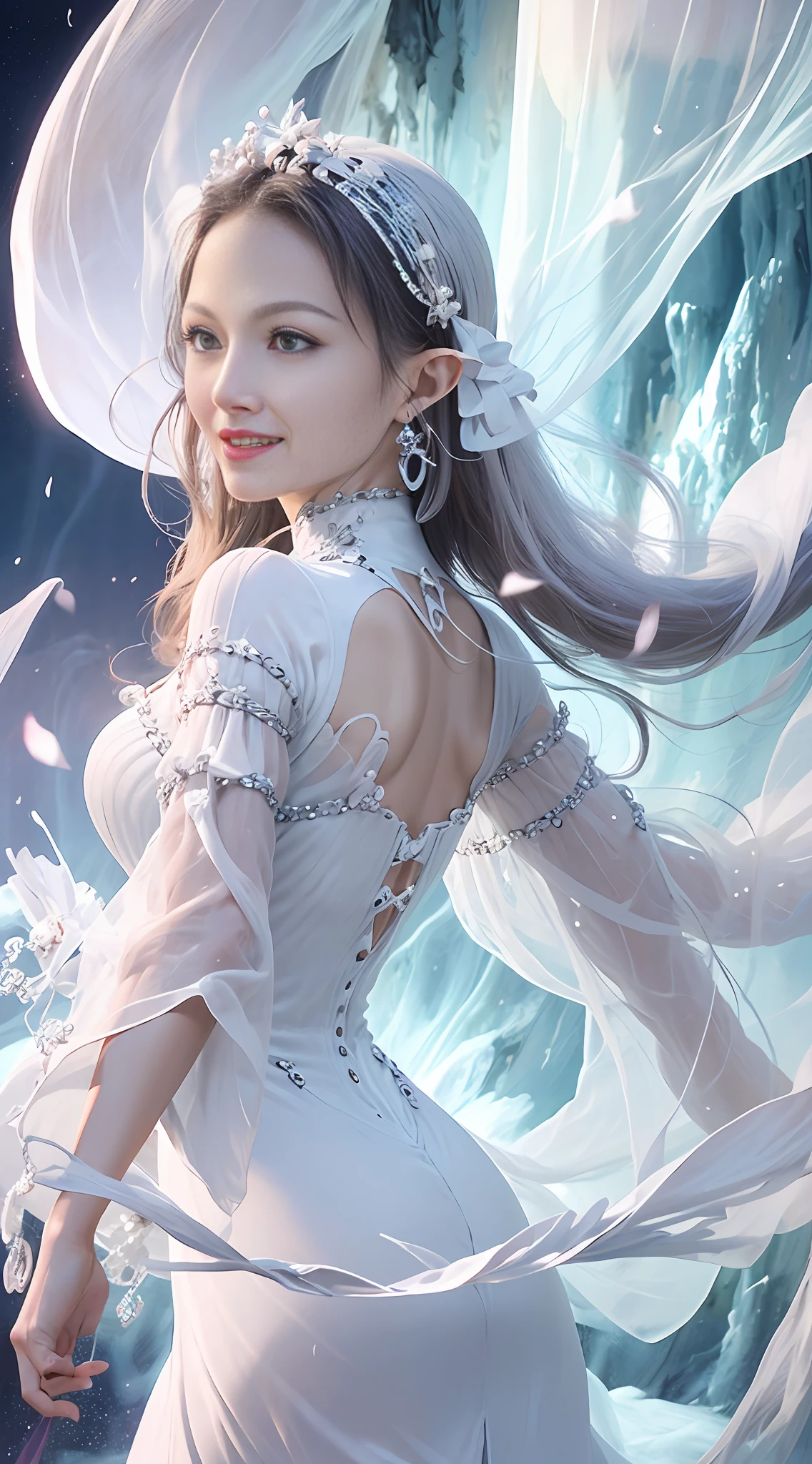 (Masterpiece, Top Quality, Best, Official Art, Beautiful and Aesthetic, Long Exposure: 1.2), Smooth Movement, Charming Patterns, 1 Girl, (Long Dress with Sleeves: 1.3), (((White Clothes) )), upper body close-up, bare shoulders, Chinese girl, blush, black lob hair, portrait, solo, upper body, looking at the observer, detailed background, detailed face, (crystallineAI, crystalline theme:1.1), elemental wind elves, rotation Wind, control the wind, white crystal clothing, dynamic pose, floating particles, ethereal dynamics, whirlwind, vapor, whirlwind in the background, white tone, whirlwind, ethereal atmosphere,