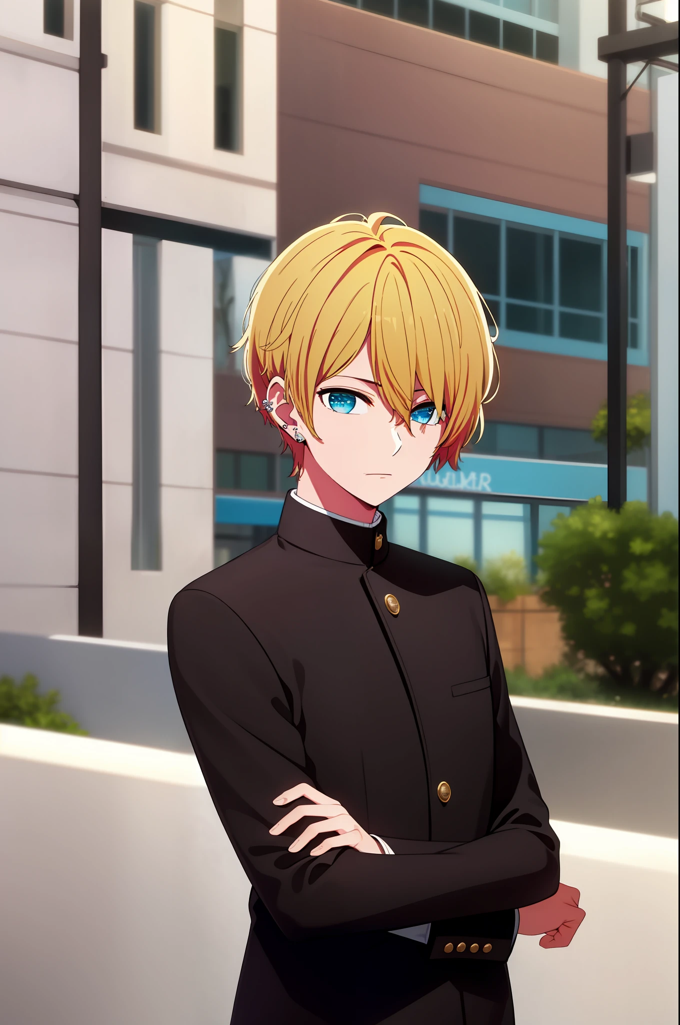 masterpiece, best quality, high quality, 1boy, solo, male focus, looking at viewer, upper body, hoshino_aquamarine, blazer, ear piercing, gakuran, jacket, park, city road,