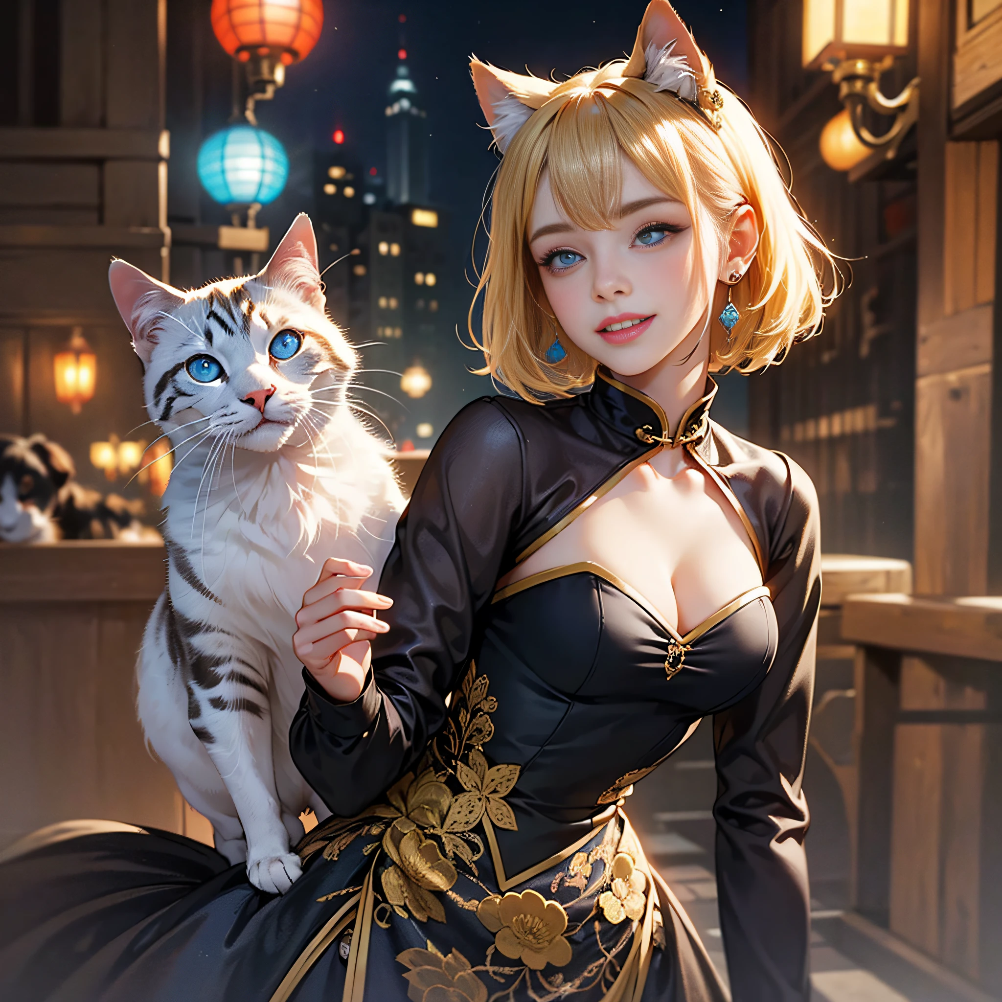 {{masterpiece, best quality, extremely detailed CG, unity 8k wallpaper}}, steampunk, Yokohama Chinatown, 1 girl, 1 cat, smiling girl holding a cat, adorable face, blond short bob, ear piercings, medium breasts, cleavage, thin waist, graceful feminine hands, long thin fingers, cheongsam, detailed eyes, blue eyes, double eyelids, long eyelashes, cinematic lighting,