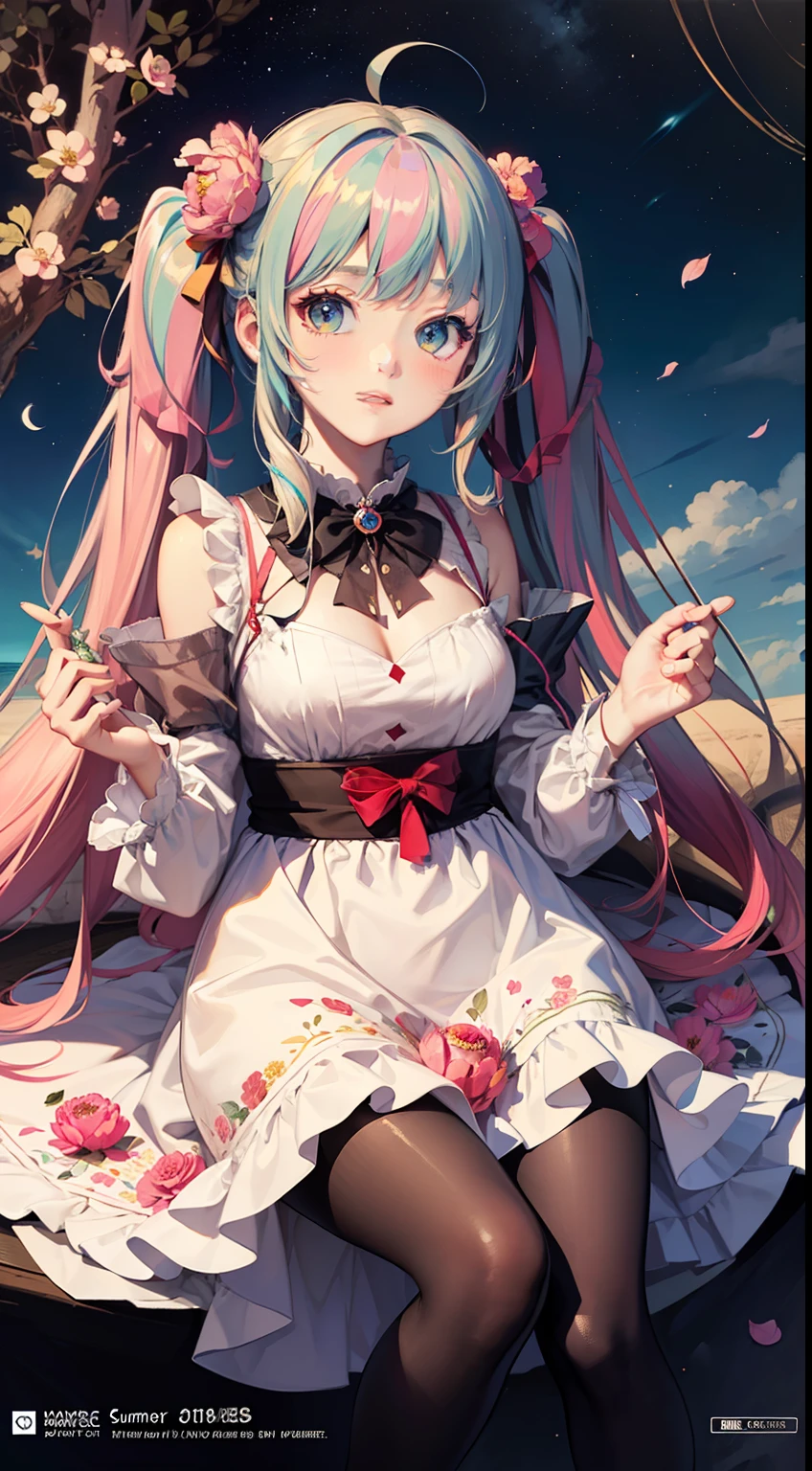 (masterpiece, high quality, highres,illustration),elegance, (1loli:1.1),(very long hair:1.1),(blush:0.7),floating hair,ahoge,deep sky,star \(sky\), (summer (Floral:1.2) dress:1.1),outline,(see-through:0.85),shining,low twintails, (polychromatic peony:1.15),Movie poster,(colorful:1.1),ornament,petals,(pantyhose:1.1), ribbon,.