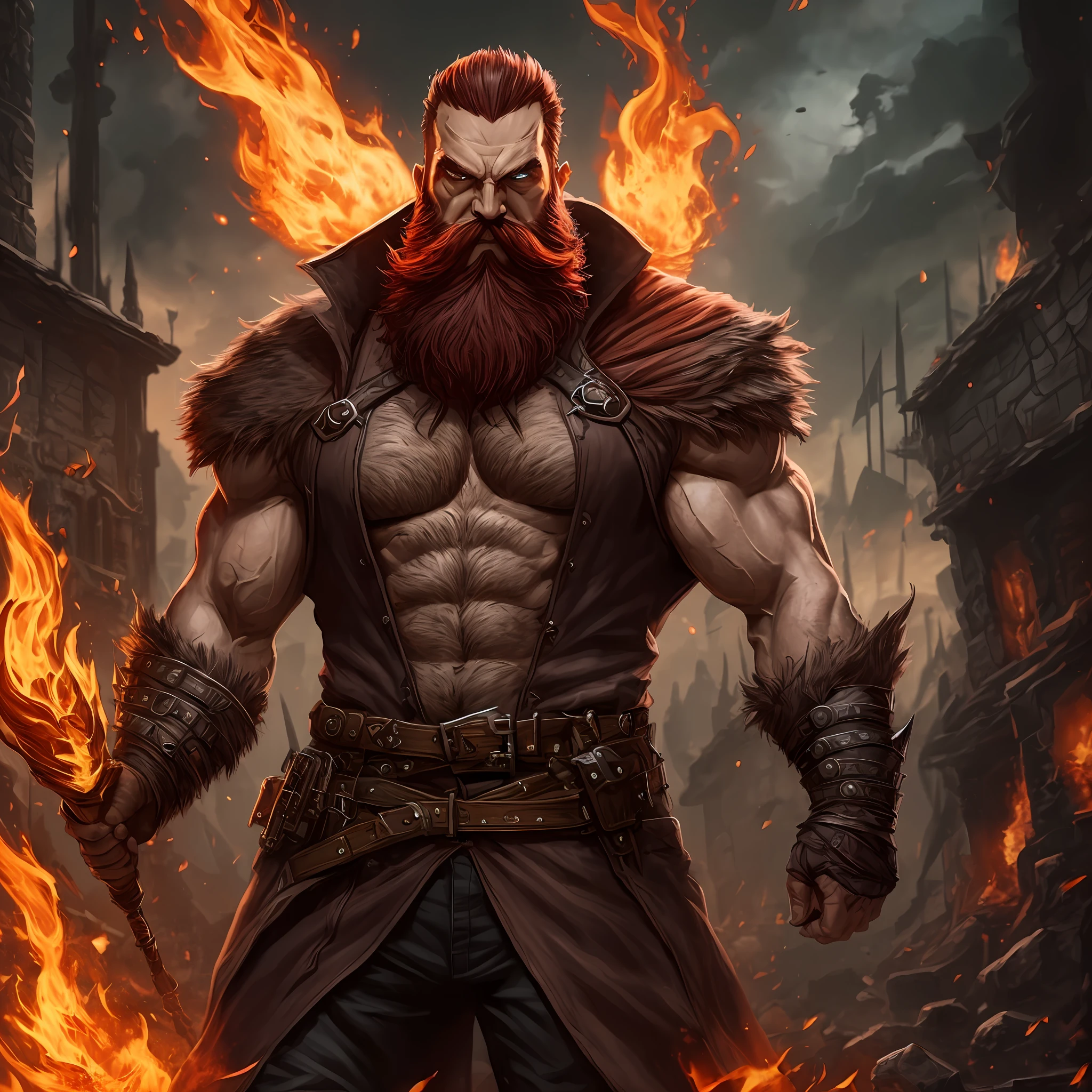 Create a tabletop RPG villain, tall henchman, strong, fighting man, set in reddish hell with big beard --auto
