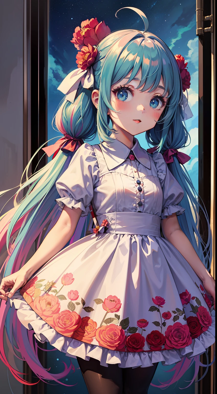 (masterpiece, high quality, highres,illustration),elegance, (1loli:1.1),(very long hair:1.1),(blush:0.7),floating hair,ahoge,deep sky,star \(sky\), (summer (Floral:1.2) dress:1.1),outline,(see-through:0.85),shining,low twintails, (polychromatic peony:1.15),Movie poster,(colorful:1.1),ornament,petals,(pantyhose:1.1), ribbon,.