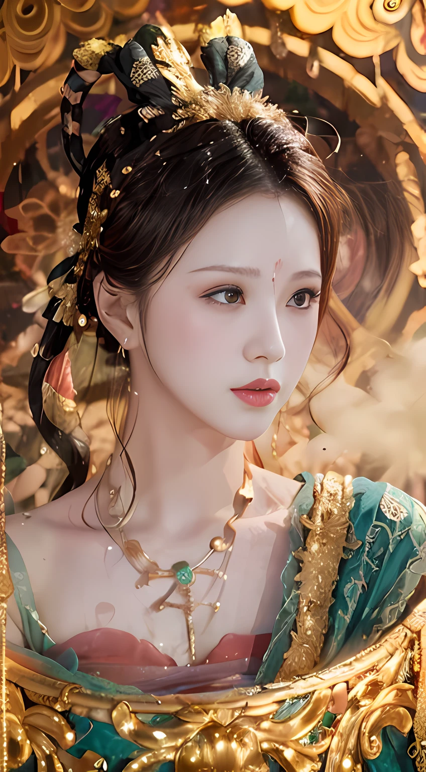 Beauty blogger's recommended app homepage, asking for women's side faces, display of cosmetic products, from left, beautiful romantic skin impeccable, 8k portrait of beautiful young woman semi-submerged in fog-shrouded lake, intricate, elegant, highly detailed, majestic, digital photography, surrealism wet lacquer gold ribbon with filigree, broken glass, rembrandt lamp, 8k HD, clear outer contour, background blur, shutter 300, FM5