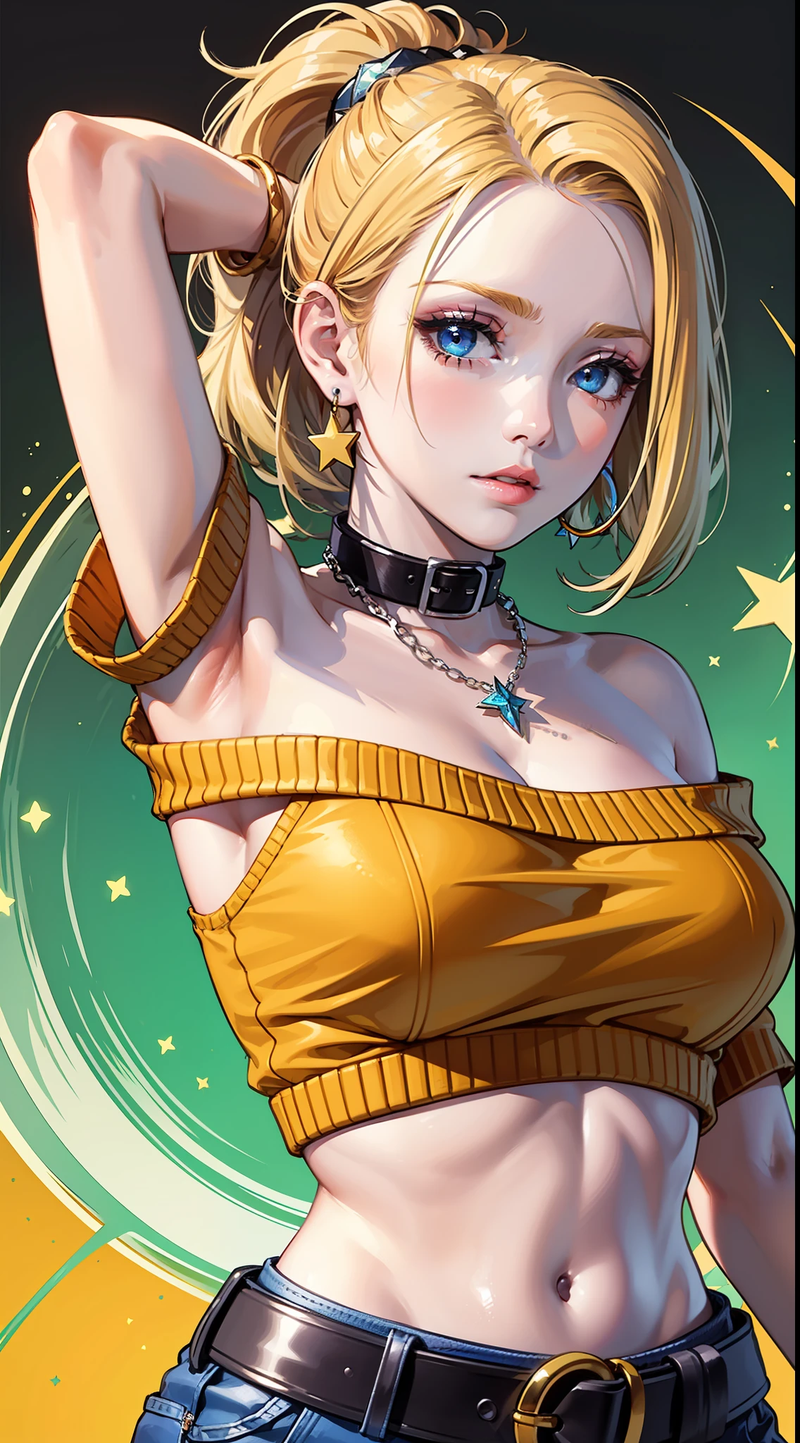 1girl,dynamic angle,high ponytail,solo,yellow background,android 18,blonde hair,star (symbol),looking at viewer,earrings,collar,purple eyes,upper body,orange off-shoulder_sweater,simple background,arms_down,exquisite makeup,blue eyes,belt,pearl_necklace,bracelet,short hair,short sleeves,earrings,