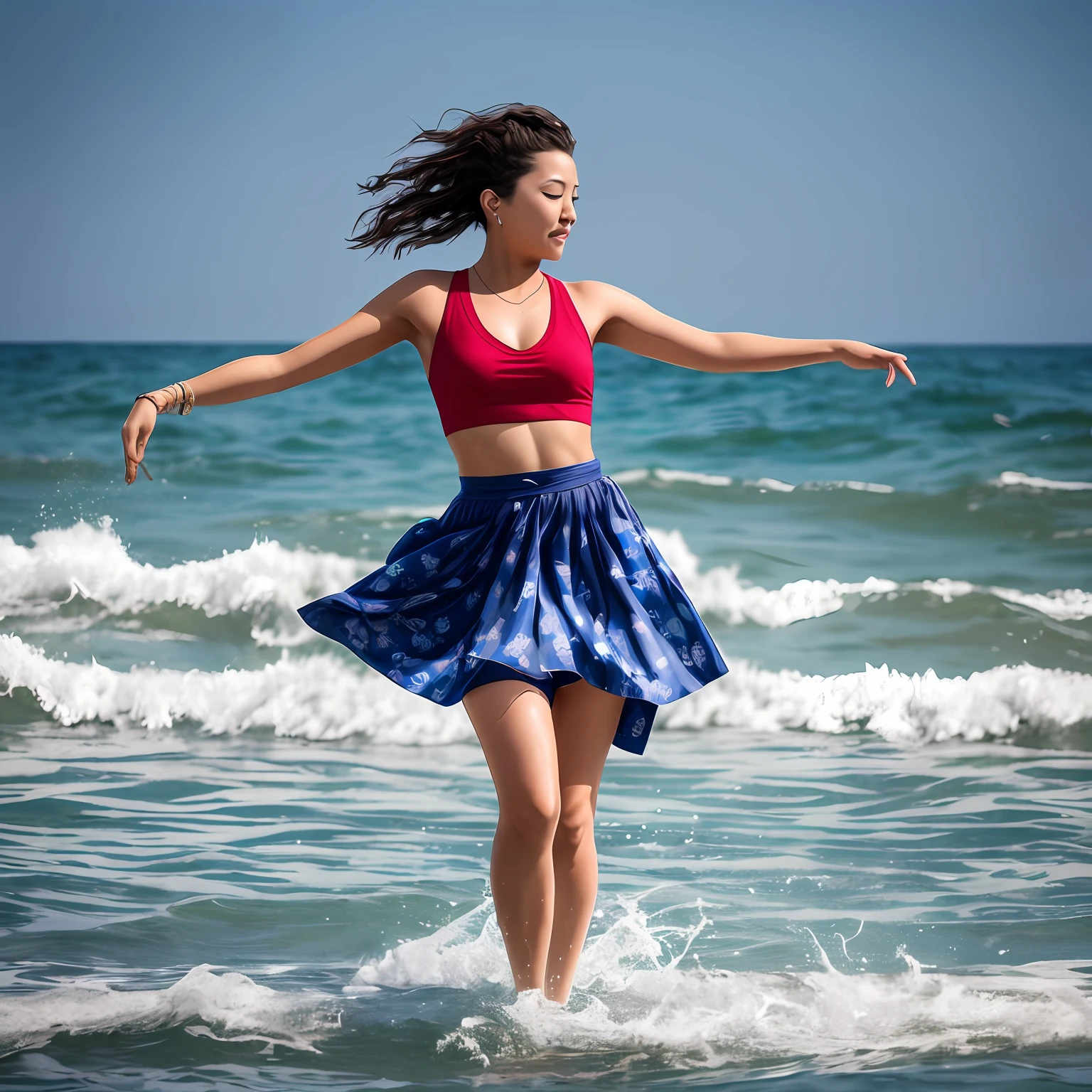 a full body woman dancing in the sea, shot with Sony Alpha a9 II and Sony FE 200-600mm f/5.6-6.3 G OSS lens, natural ligh, hyper realistic photograph, ultra detailed –ar 3:2 –q 2 –s 750 --auto
