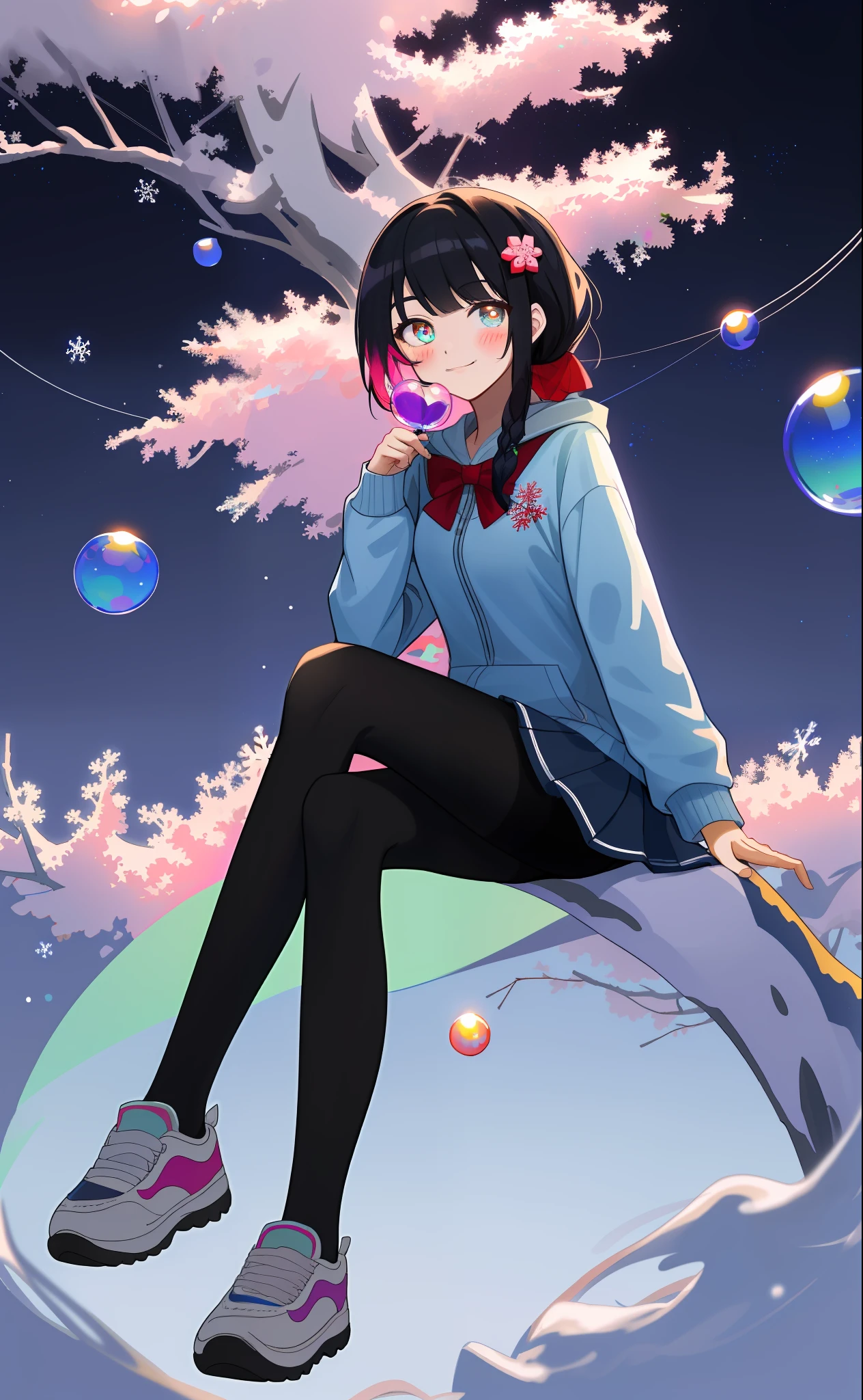 bishoujo, blush, hair bow, hoodie, zzz, long hair, black hair, look at viewer, pantyhose, stockings, sneakers, best quality, masterpiece, absurdres, exquisite facial features, student, gradient_eyes, seductive smile, bangs, braided ponytail, heart hair ornament, sapphire brooch, ribbon, (((colorful bubble))), naughty face, school uniform, torn pantyhose, turning around, in winter, snowflakes, hills, beautiful detailed sky, night, stars, (red plum blossom),((winter)),(((snowflakes))), ((red and white flowers))，(starry sky),(sitting),((colorful)),scenery, lantern,(starfall)