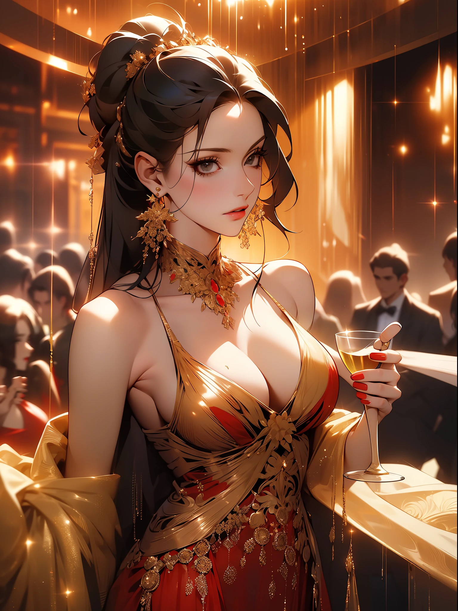 (masterpiece, absurdres, highres, ultra detailed), 1woman, mature, adult, black hair, black eyes, ponytail, full lips, beautiful face, elegant long dress, (red dress:1,3), haute couture, intricate details, on a secular party, rich and famous, intense look, glass of champagne, flirting with girls