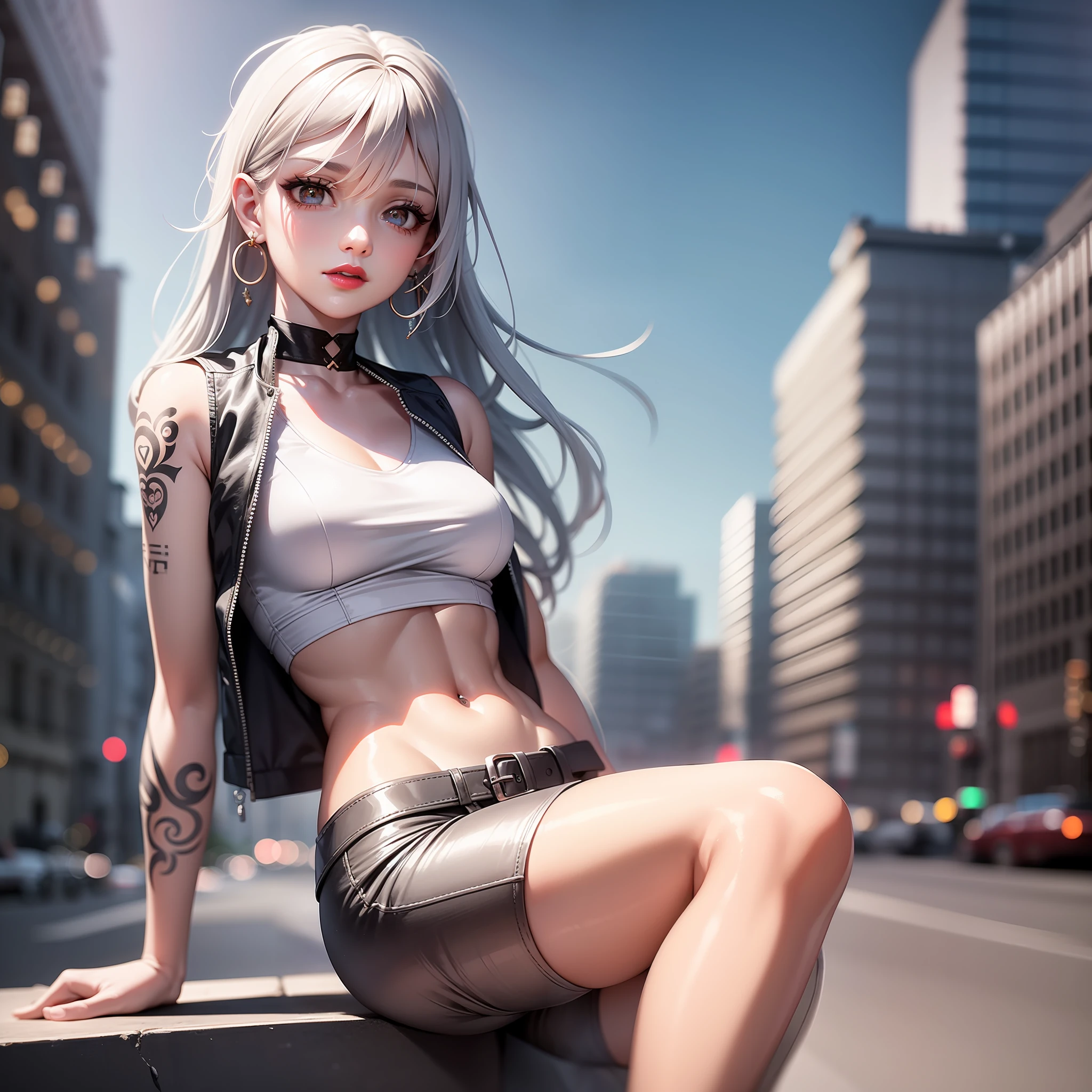 Urban middle school student, masterpiece, light makeup, red lips, silver hair, messy long hair, street background, beautiful, elegant. Super fine details, master works, real texture, movie lighting realism, perfect work, 8k, HD, exquisite facial features, white tight open-chested top, transparent white tight shorts, black tights, slim figure, pear-shaped body, small man's waist, vest line, collarbone, bright big eyes, smooth skin, earrings, tattoos, beautiful long legs