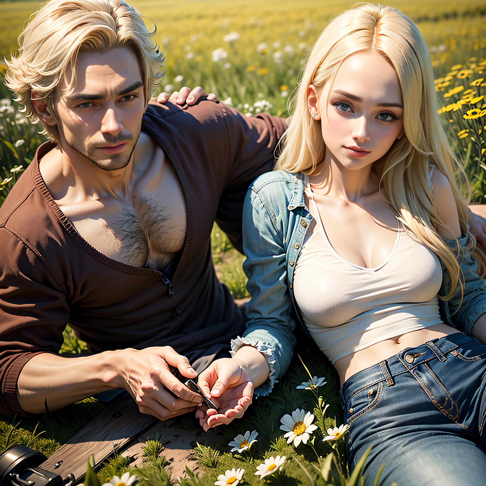 ((best quality)), ((realistic)), of a man and a woman with blonde hair, blue eyes, lying in the field exchanging glances --auto