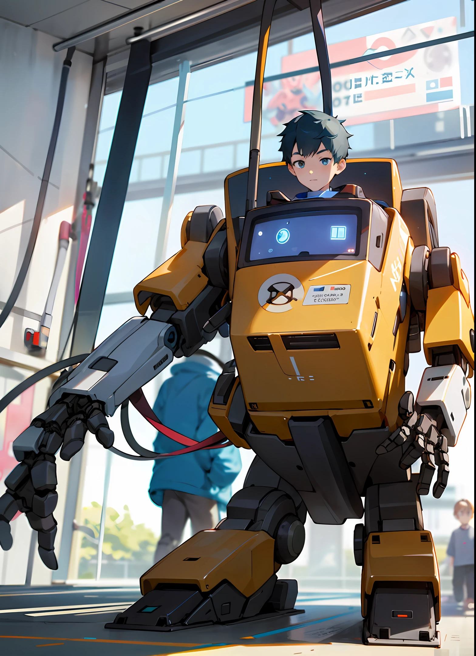 A boy and a robot walk through the school