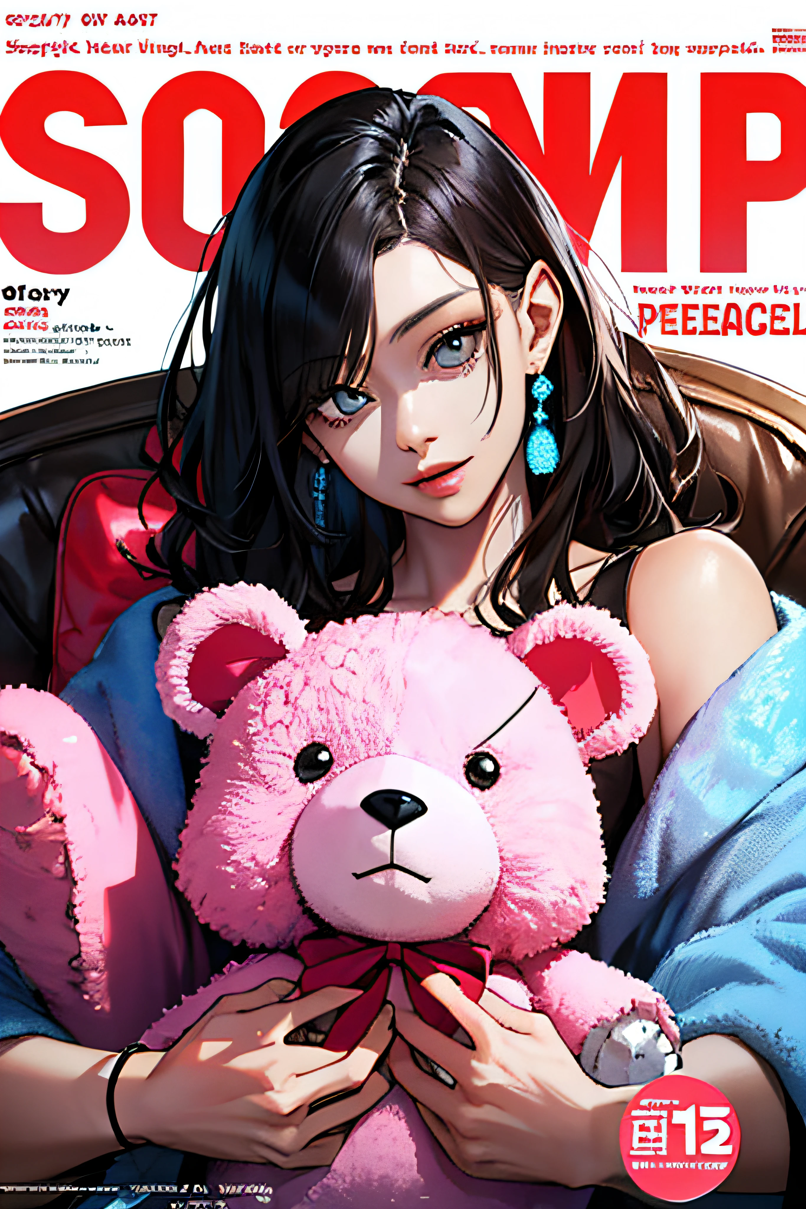 (magazine cover:1.3),ulzzang-6500, (realistic: 1.3) (original: 1.2), masterpiece, best quality, beautiful clean face, fullbody,  masterpiece, best quality , colorful, llth, blue hand holding a pink teddy bear,