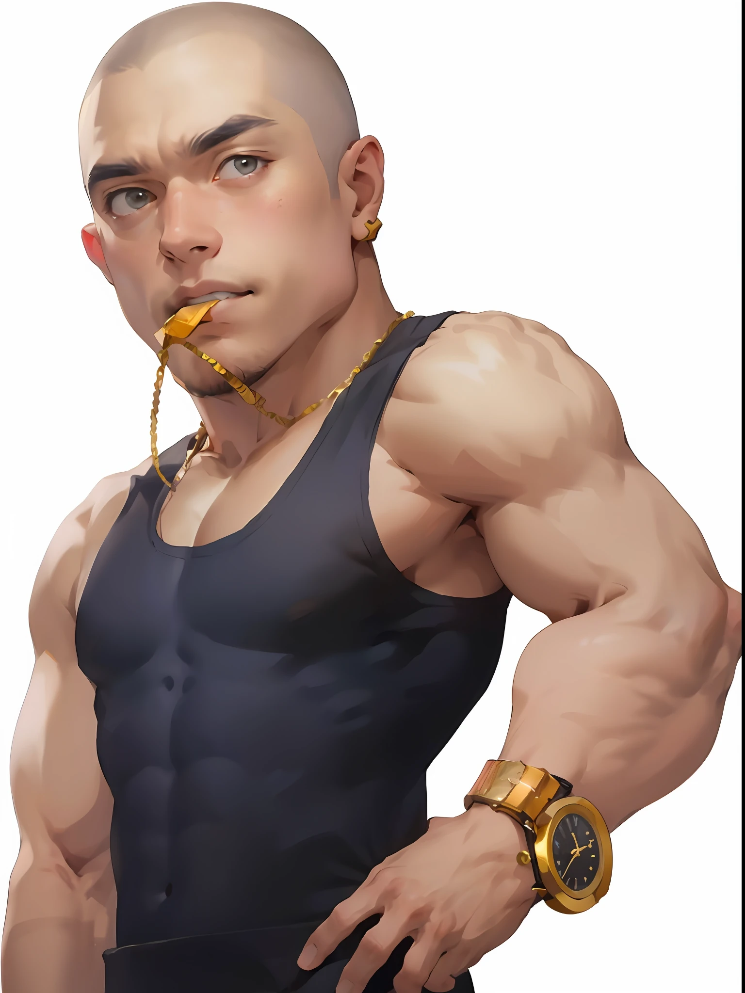 Realistic, (masterpiece, top quality, best quality, official art), very detailed, colorful, most detailed, inch, handsome man, gold watch, holding gold necklace, beach, pectorals, abs, black vest
