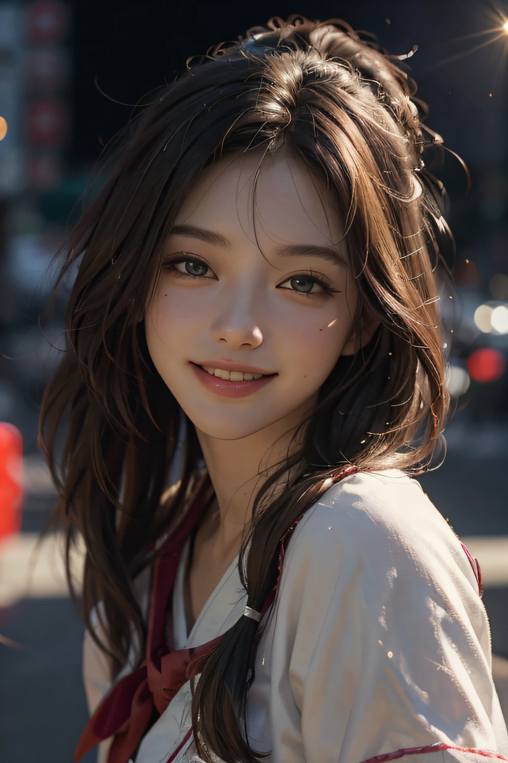 (RAW photo, highest quality), (realistic, photorealistic: 1.3), highest quality, high definition, masterpiece, super detail, illustration, 1girl, upper_body, dynamic angle, messy_long_hair, top quality, highly detailed CG Unity 8k wallpaper, ink, wonderful, smile, movie lighting, lens_flare, dunhuang_style,High school girl uniform,blonde,Tokyo city,