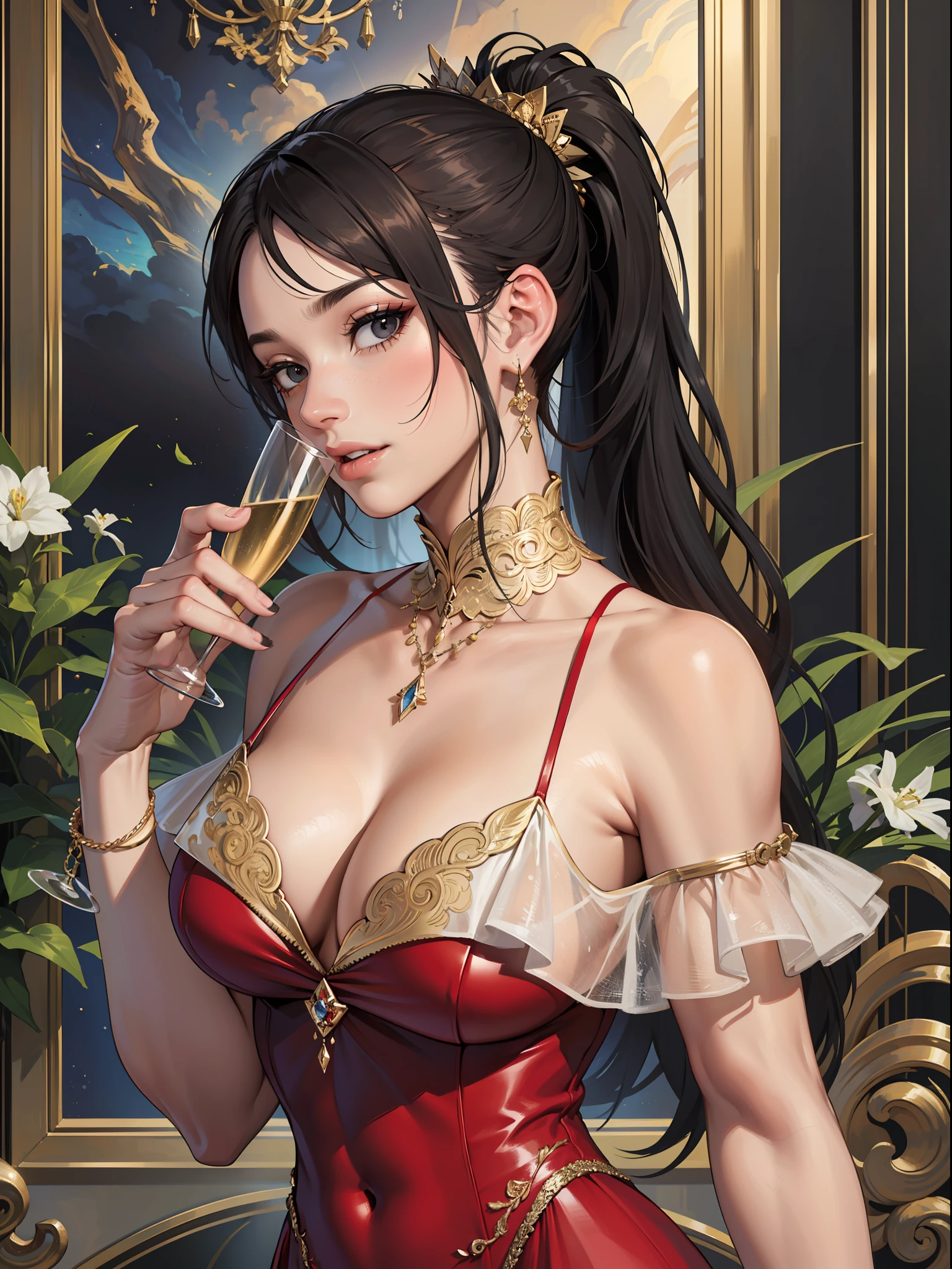 (masterpiece, absurdres, highres, ultra detailed), 1woman, mature, adult, black hair, black eyes, ponytail, full lips, beautiful face, elegant long dress, (red dress:1,3), haute couture, intricate details, on a secular party, rich and famous, intense look, glass of champagne, flirting with girls