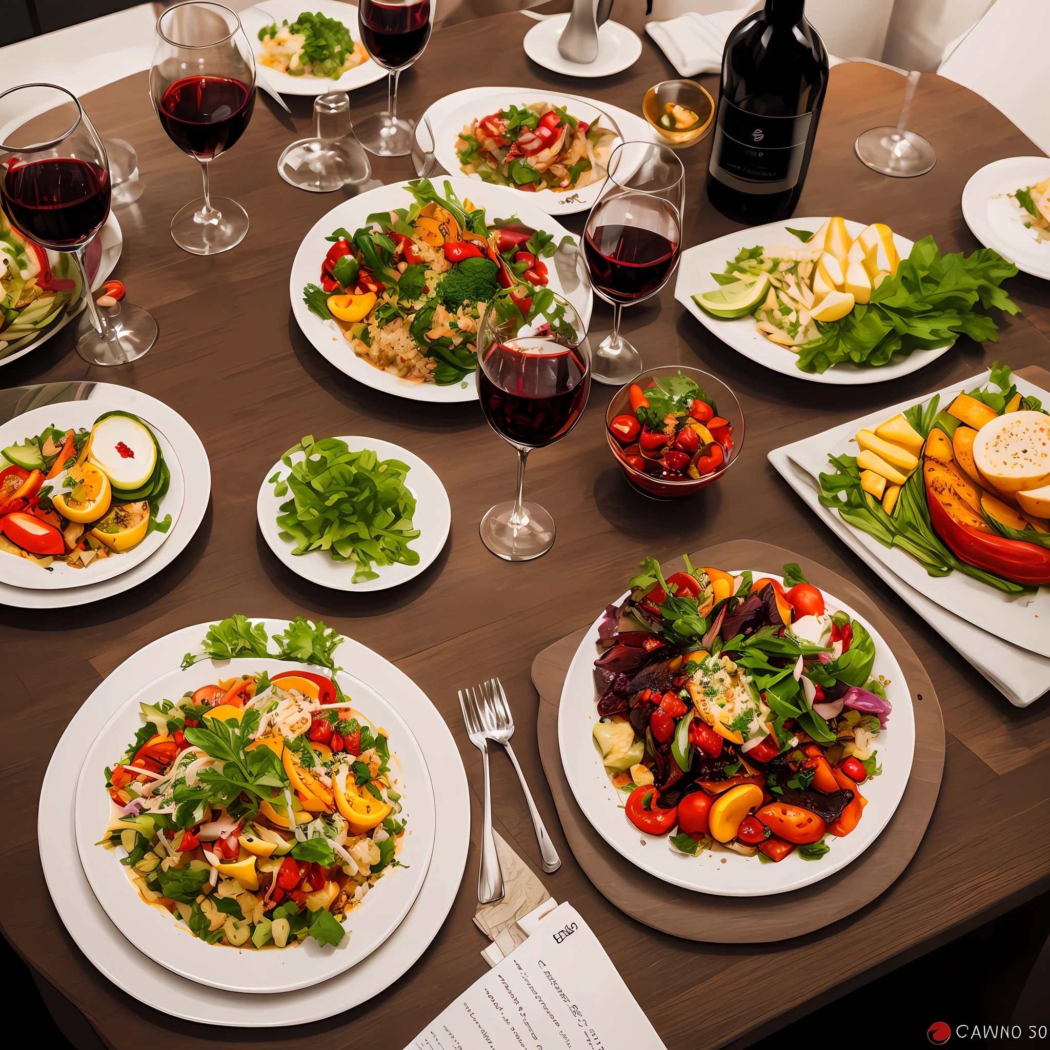 Wine glasses and colorful vegetable dishes are laid out on the table. There is only one wine glass and one vegetable dish. The angle is from the side and the wine glass should be up. The lighting is soft, warm tones, which complement the bright colors of the dish. The background is blurred and emphasizes the subject. The camera is a Canon EOS 5D Mark IV DSLR and the lens is an EF 50mm f/1.8 STM. It has a resolution of 30.4 megapixels, an ISO sensitivity of 100 and a shutter speed of 1/125 of a second. –ar 16:9 –v 5.1 –style raw –q 2 –s 750 --auto