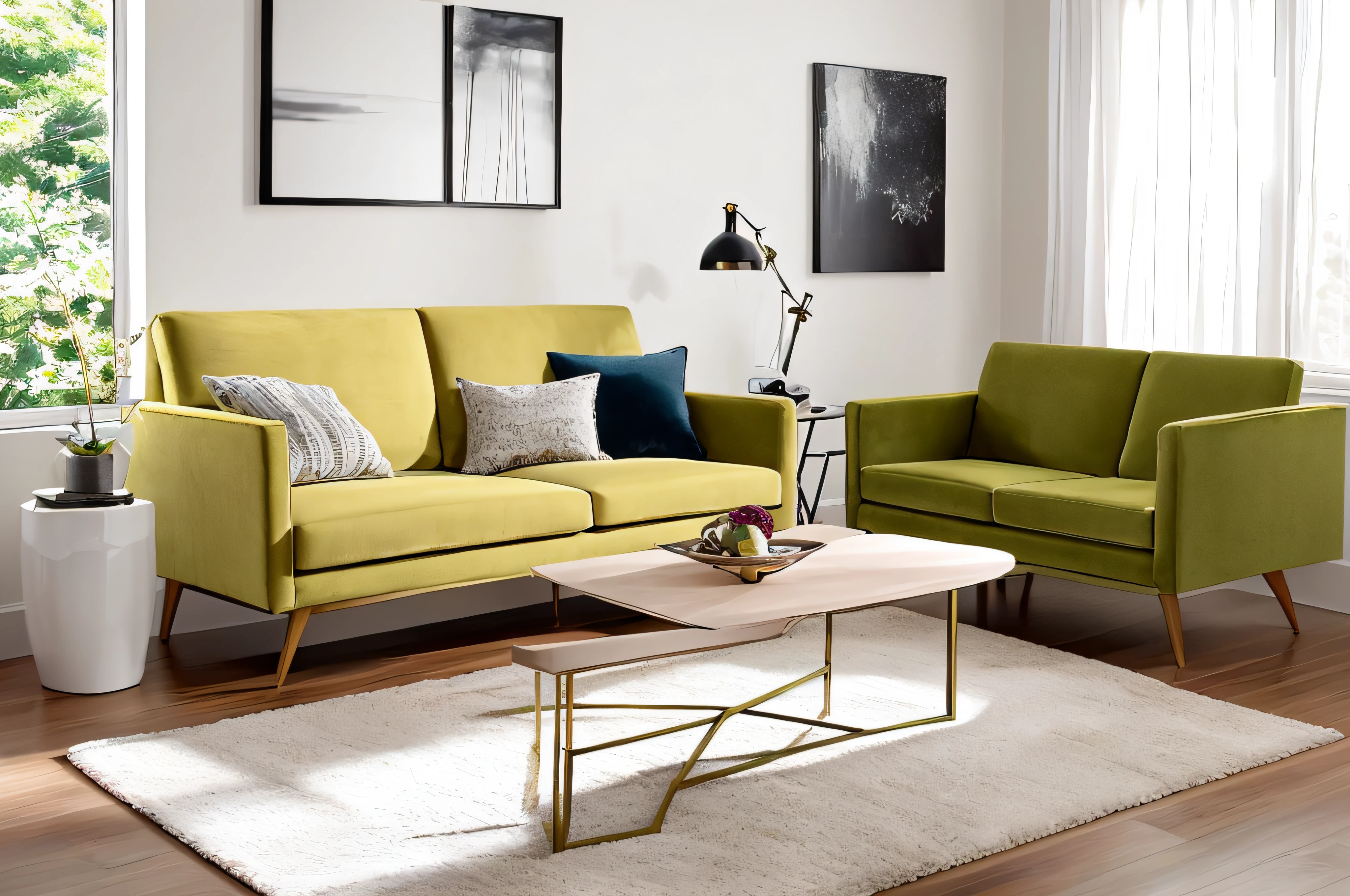 arafed living room with a yellow couch and a white rug, warm colored furniture, yellow and olive color scheme, furniture and decor, placed in a large living room, velvet couch, lounge furniture, mid-century modern furniture, plush furnishings, furniture photography, relaxing on a modern couch, armchairs, in a living room, with backdrop of natural light