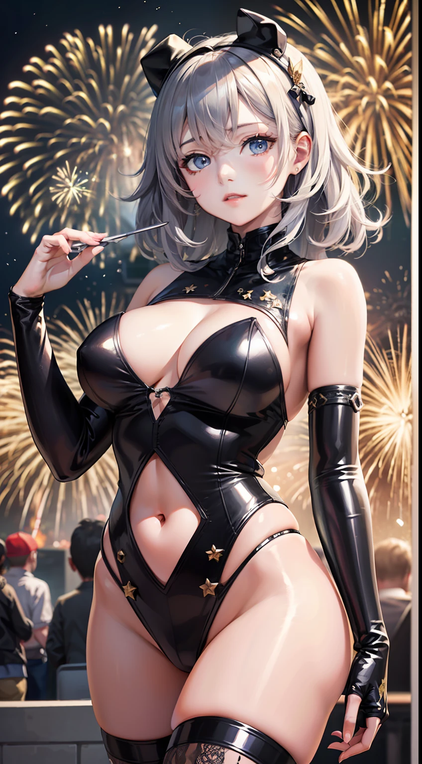 ((masterpiece)),((best quality)),(ultra-detailed),((extremely detailed body)),HDR,lens 135mm,f1.8,ray tracing,full shoot,Fireworks,1girl,solo,art of light novel,