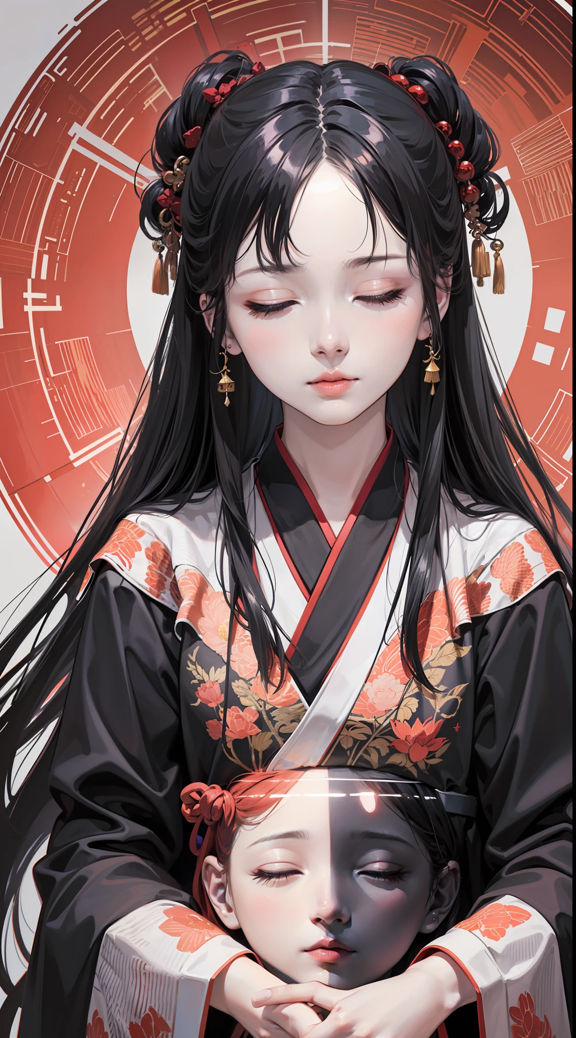 (original), (masterpiece) , (best quality) ,(reality), photorealistic, Octane rendering, (surreal) , perfect features,1 girl, colorful,translucent hair, (glowing inner hair),the perfect appearance,black hair,long hair,(black clothes:1.2),hanfu,closed eyes,red lotus,(white background:1.3),(flat color:1.2),expressionless