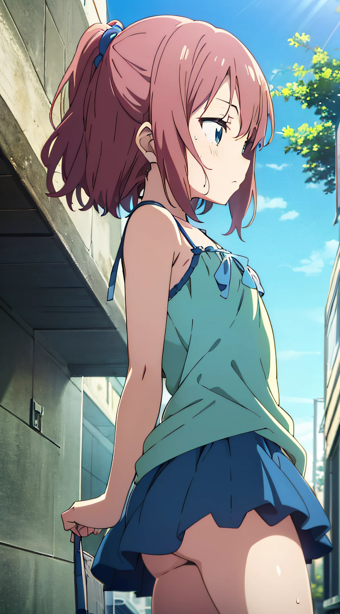 (Anime, Anime Art Style:1.2) Yuyushiki, Young Girl, 13 years old, Sweaty, Camisole Dress, Seaside, Sunshine, (Looking Away:1.5),Blue Sky,Various Movements,From Below