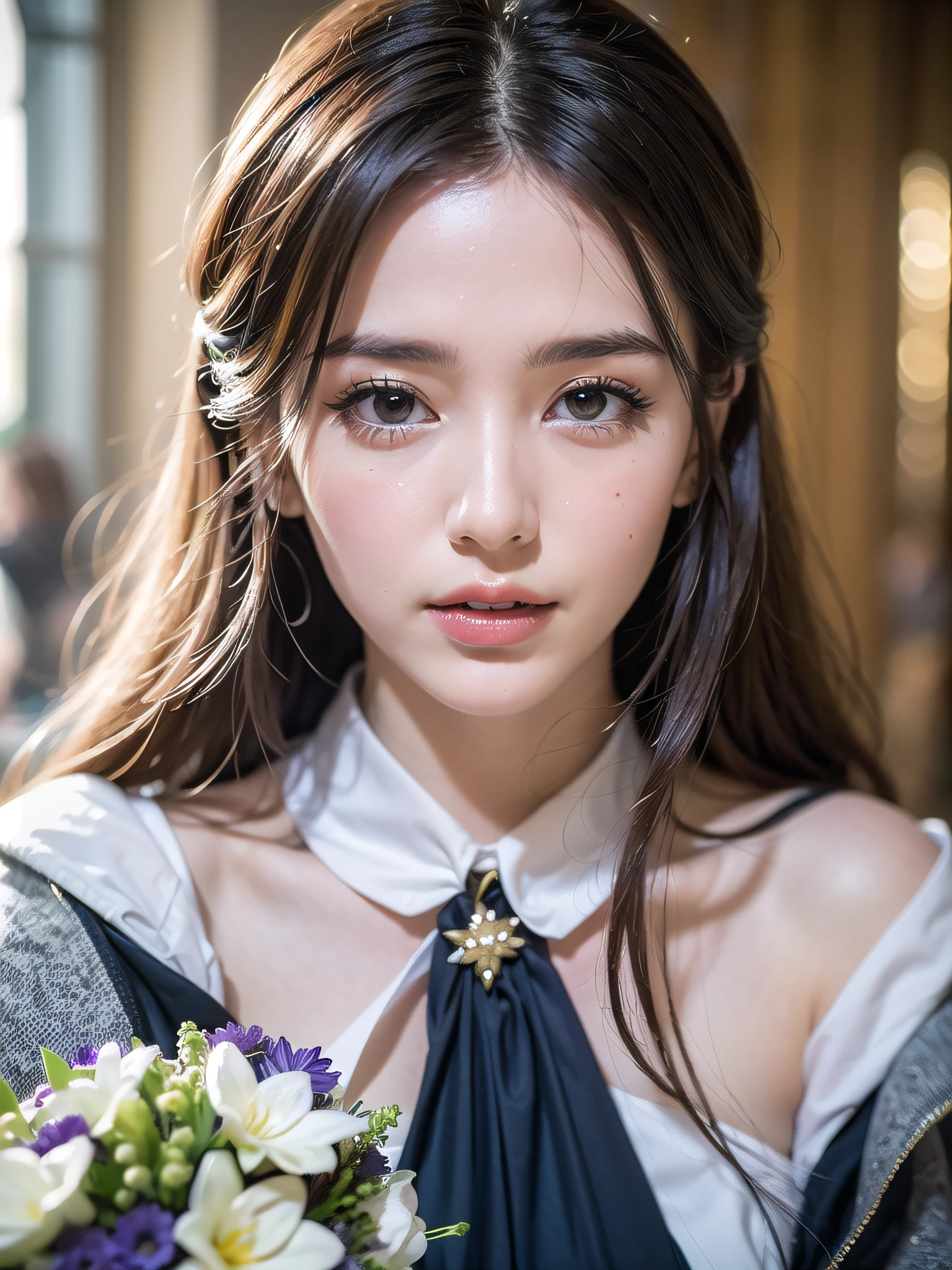 Top Quality, Ultra High Resolution, (Photorealistic: 1.4), Cinema Light, Depth of Field, Beautiful Face, (PureErosFace_V1: 0.8), |1 Girl, Fan Bing, Woman in Dark Blue Dress and Gold Jewelry, Fan Bing Fashion, Colossal, White Cloak, Intricate Design, Cathedral Background, Extra Long Wavy Brown Hair, RAW, beautiful woman, (detailed face), (detailed facial features), (fine detailed skin), pale skin, (masterpiece), perfect proportions, realistic photo, full shot, full body, (body portrait), ((with bouquet)),