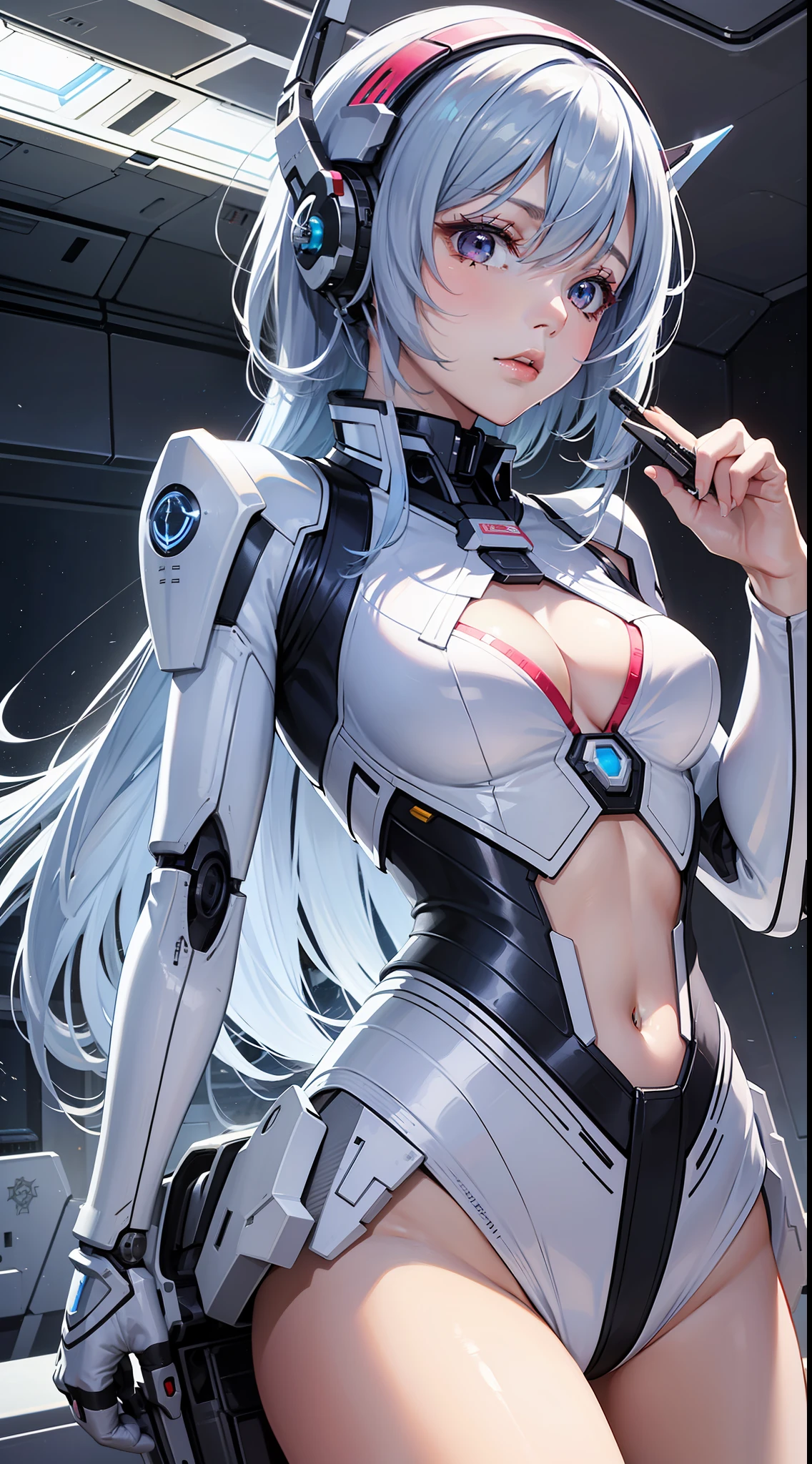 solo,1girl,driving,  tight white attire, suspended in the air, human design,blue flame,hair between eyes,pink eyes, time knight, advanced technology, advanced civilization, clean and simple mechanical design, water vapor, white mecha, (driving a spaceship:1.4),light blue hair,  ,taking a plane A product,highres, absurdres, original, game cg, outline, artbook, from below,(upper body:1.2),(leaning to the side:1.2) ,(medium breasts:1.4),(crying with eyes open:0.8), (break clothes:1.3),(cleavage cutout:1.3),(saliva:1.1)
, (looking at viewer),(high light:1.4)